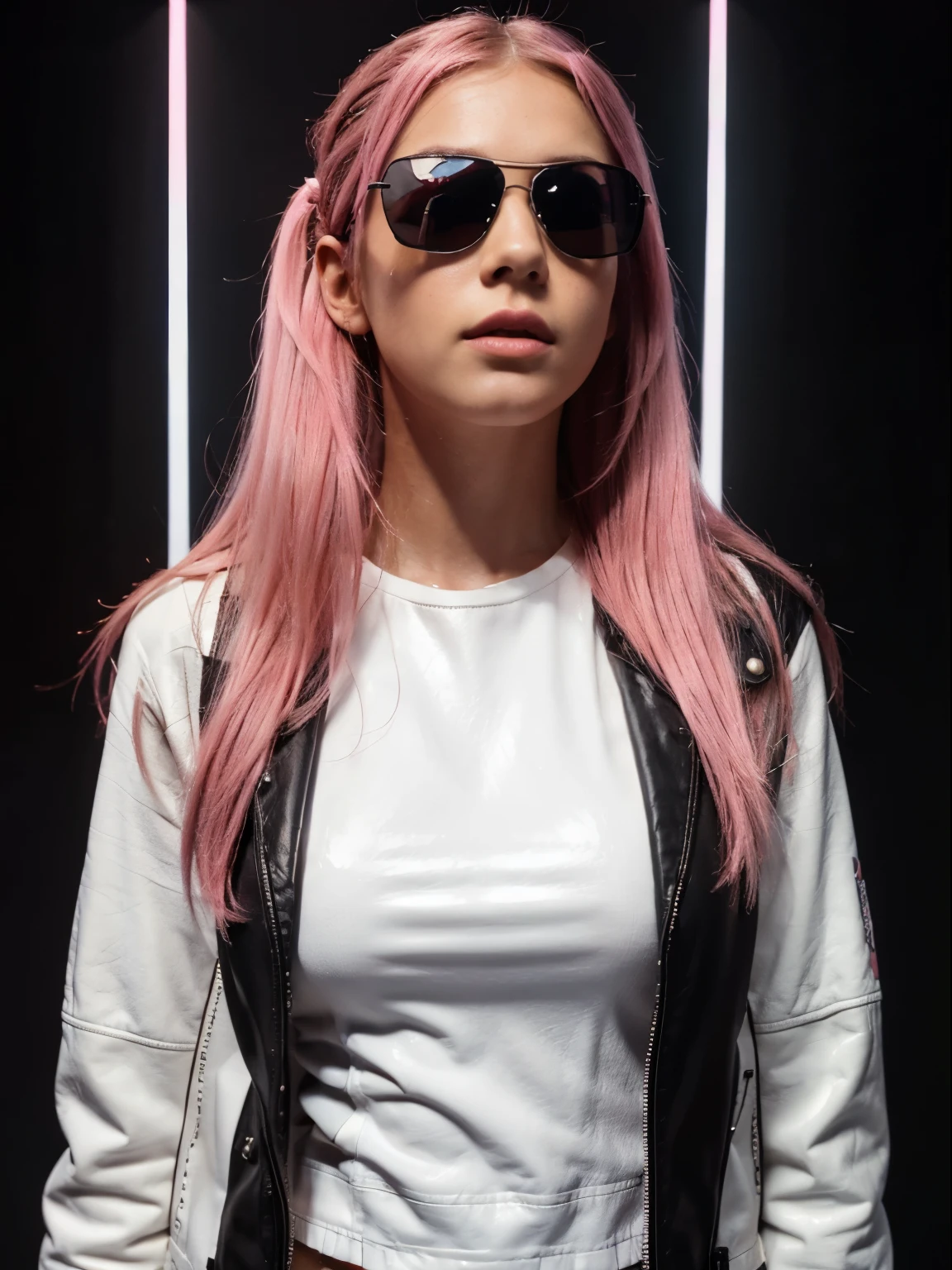 European girl with tint sunglasses Pink hair, in a photo shouting room, attractive lips, stunningly beautiful woman, posing like a professional model, feminine form, stunningly gorgeous, flirty and playful, film photography, extreme detail, 4k, ultra hd hyperrealism, trending on artstation, polished, photorealistic, backlight, hair light, 8k ultra hd. 23 years oldPerfect body , Full body clothed view, Tall ,detailed skin, skin texture), t-shirt white and ((leather jacket)) ,casual , pastel dark pink very long hair, pink twintail hair , , ((( black background))), (detailed skin, skin texture) ,Highest-quality , High Detailed photo ,((tint sunglasses))
