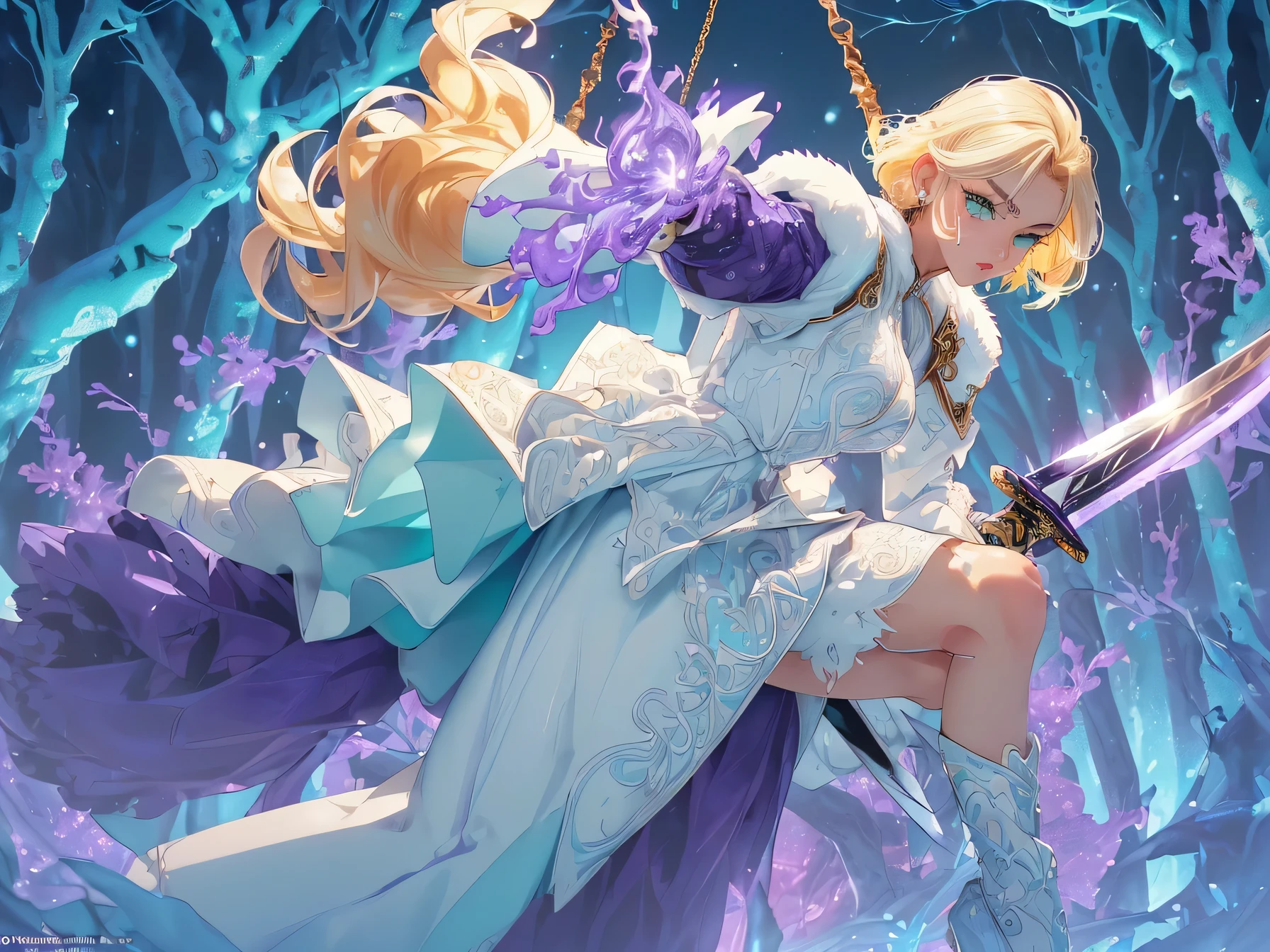 nsfw:1.1,high resolution:1.7,incredibly absurdres,kawaii:1,cute:1.5, hires.fix,incredibly fine illustration,masterpiece:1.2,best quality,high quality,exquisite,beautiful,insanely detailed,intricate detailed,extremely detailed,Super Definition,ultra high res,Super Resolution,best aesthetic, ultra detailed:1.5,best quality,perfect face,detailed face,8k cg wallpaper, stunning art,absurdres,octane render,ultra hires,1girl,cute elf,shinylips,waist slender,((anime elf with extremely cute and beautiful blond hair)),((((blond hair:1.35,undercut blond hair,short hair,colored inner hair,ear breathing)))),(((green_eyes:1.3))),intricate eyes,beautiful detailed eyes,symmetrical eyes,big eyes:1.5,enchanting bright eyes studded with gold and silver dust,(((pinky skin,glowing_skin,lustrous skin:1.5,bright skin: 1.5,skin tanned,shiny skin,very shiny skin,shiny body,plastic glitter skin,exaggerated shiny skin,illuminated skin))),upward breasts,(detailed body,(detailed face)),cute,daring,zettai ryouiki,show skin,best relationship with four fingers and one thumb,((girl trembling with sexual climax)),(((aqua fur coat, aqua fur coat outfit, wearing a ice dress:1.3,aqua winter coat))),((ice dress,elegant ice dress)),(white gloves,white clothes,(((intricate outfit,intricate clothes,embroidered outfit,ornate outfit,embroidered clothes,ornate clothes))),torn clothes,broken clothes,(((pussy))),showing her vagina,((((perfect pussy)))),(((detailed pussy))),kupaa,show off pussy,((spread pussy)),(embarrassed),(dynamic pose:1.0),(centered,scale to fit dimensions,Rule of thirds),winter,scenery:1.25,((intricate scenery)),((snow forest background)),sharp focus,(ultra detailed,extremely detailed),(photorealistic artwork:1.37),(((vibrant colors,vibrant theme))),(intricate),full body,(perfect body),standing,(purple fire:1.5), (holding purple flame sword:1.5), (holding white energy sword:1.3), (black flame katana:1.3), (swing a white flame sword:1.3),
battle,fight,(action pose: 1.4),tentacles,dungeon