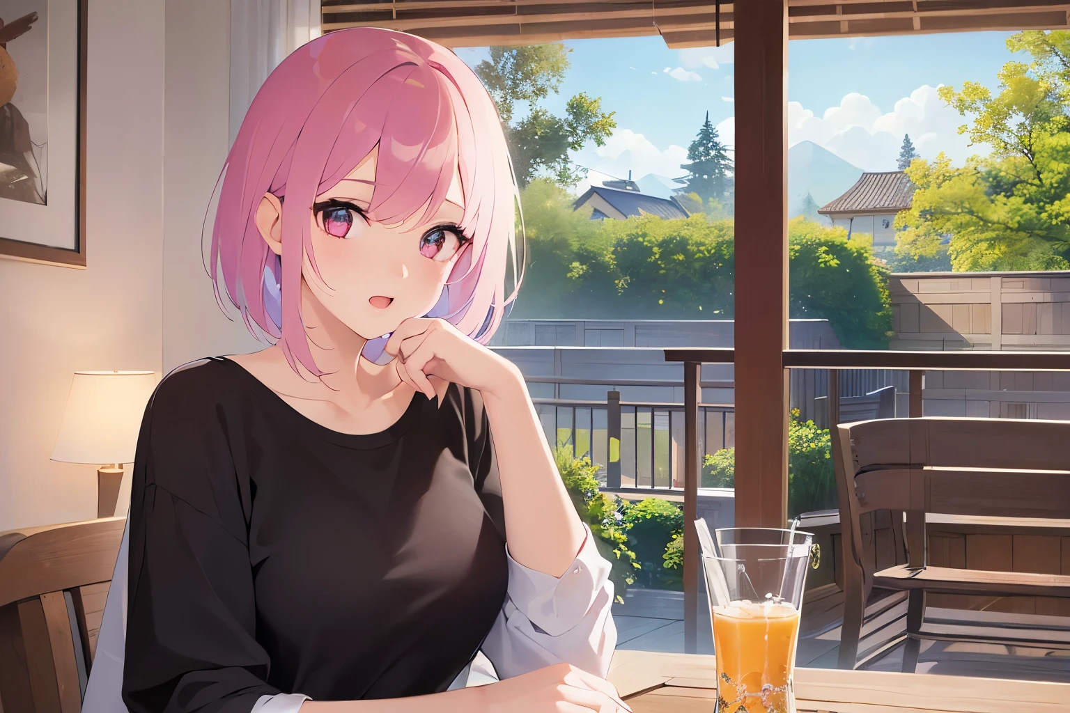 side angle, Upper body is shown、(looking away:1.5)、Realistic, real person, RAW photo, photorealistic, portrait photography, shiny skin, japanese idol、pink hair、bob cut hair with bangs、20 year old woman with pink eyes、smile, open mouth, Alone、(black:1.2) and (T-shirt) and (over size), The background is the dining room、sitting、cookies on a plate、juice in a cup