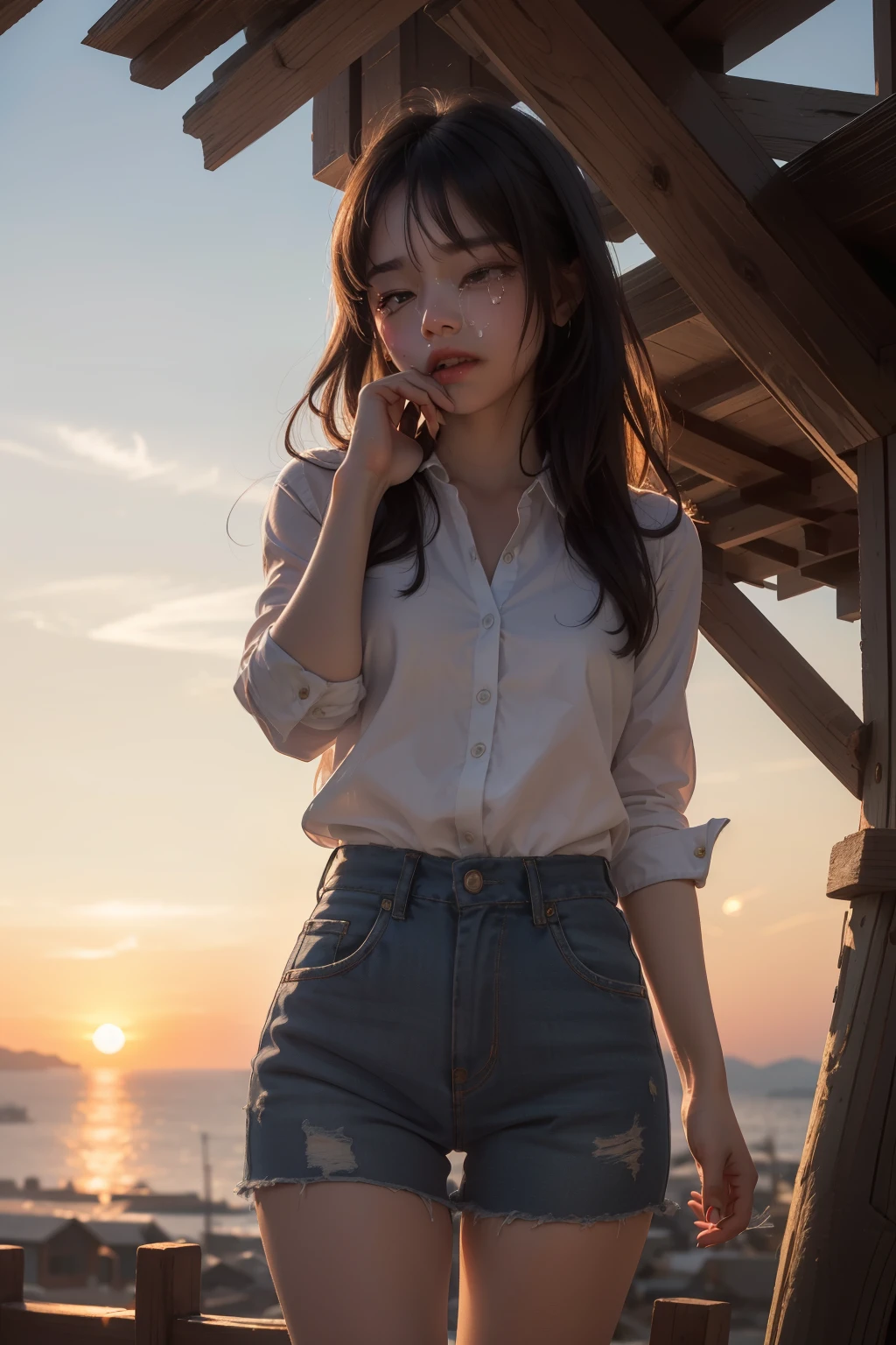 A cute little crying girl in the sunset view ((best quality)), ((masterpiece)), ((detailed)), ((hd)), ((8k resolution))
