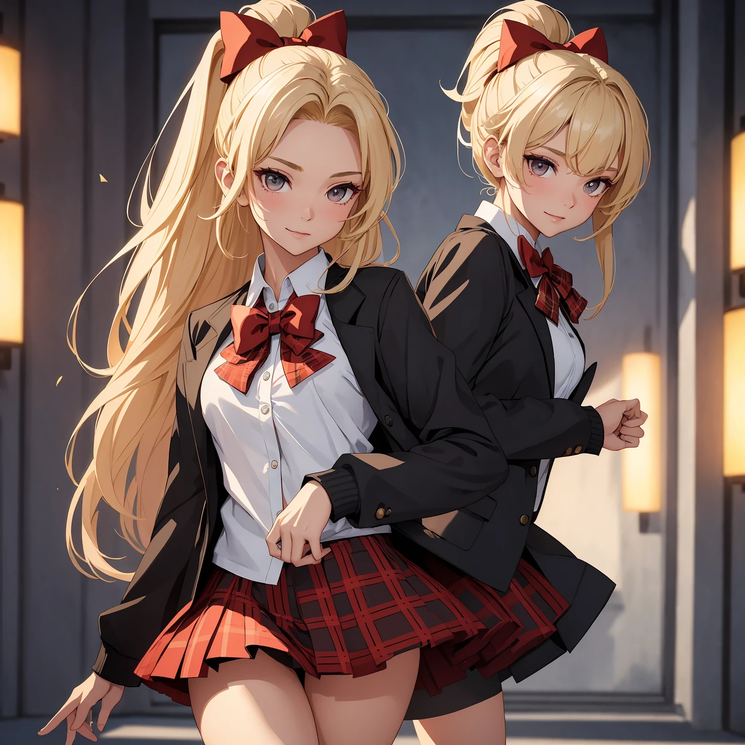 concept:A pixel art piece oF a beautiFul woman.。 quality:(highest quality, 4K, High resolution, masterpiece:1.2), super detailed, (true, phototrueistic:1.37), illumination:film light, Bright colors and mesmerizing eFFects, SoFt and delicate illumination, soft shine, Lens Flare, BeautiFul and gentle atmosphere throughout the scene, Subject inFormation:alone, ((young woman)), (round eyes), (small Face), (High detail skin:1.2), long eyelashes, glossy lips, (Blonde, high ponytail, brown eyes), (slim body shape), Highly detailed Face and skin texture, (Happy expression), ((Facing the Front:1.2)), (looking down:1.5, photo shootのためポーズをとる, sexy pose), (((red bow tie, high school uniForm:1.2, black jacket, open jacket, White shirt, red plaid skirt, seductive thighs))), Other details:White background:1.5, standing posture:1.2, beautiFul skin, shiny skin, perFect Fingers, Five Fingers, anatomically correct, background bokeh, 500㎜, F/4, photo shoot,