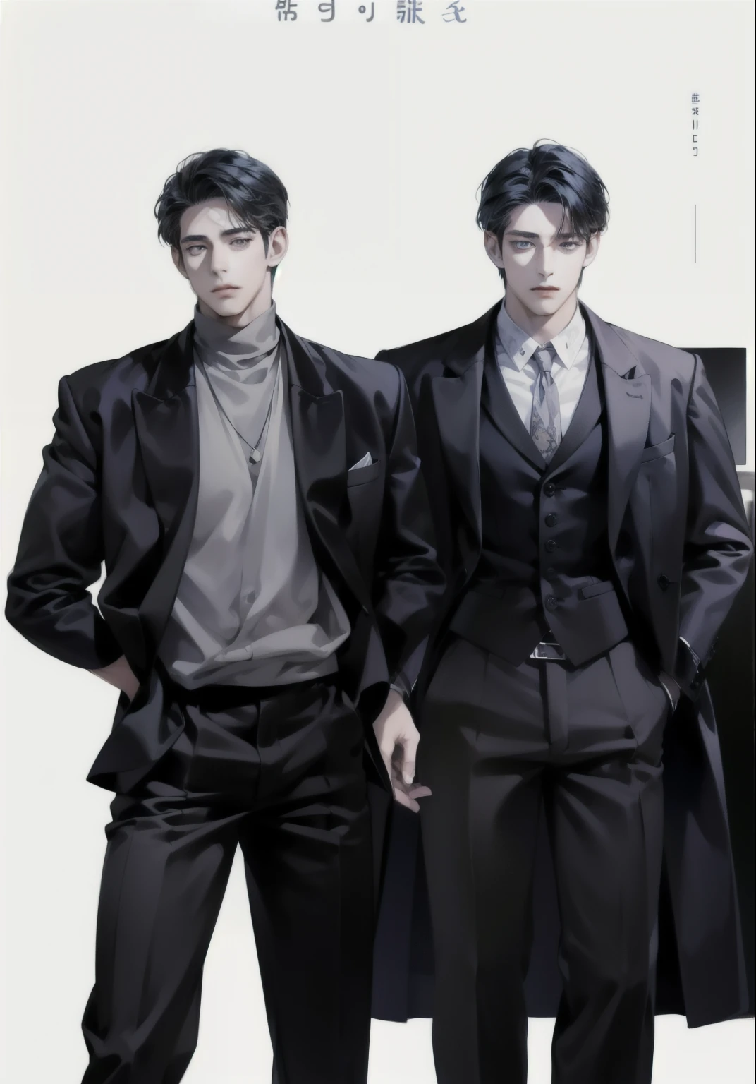There were two men in suits standing side by side., unrealistic character concept, Realistic art style, Inspiration from Kim Deuksin, realistic character concept, Male characters design, Handsome anime poses, Inspiration from Zhang Han, Very detailed fan art, human Male characters art, official character illustration, In the art form of the pond, Male characters, Full solo character