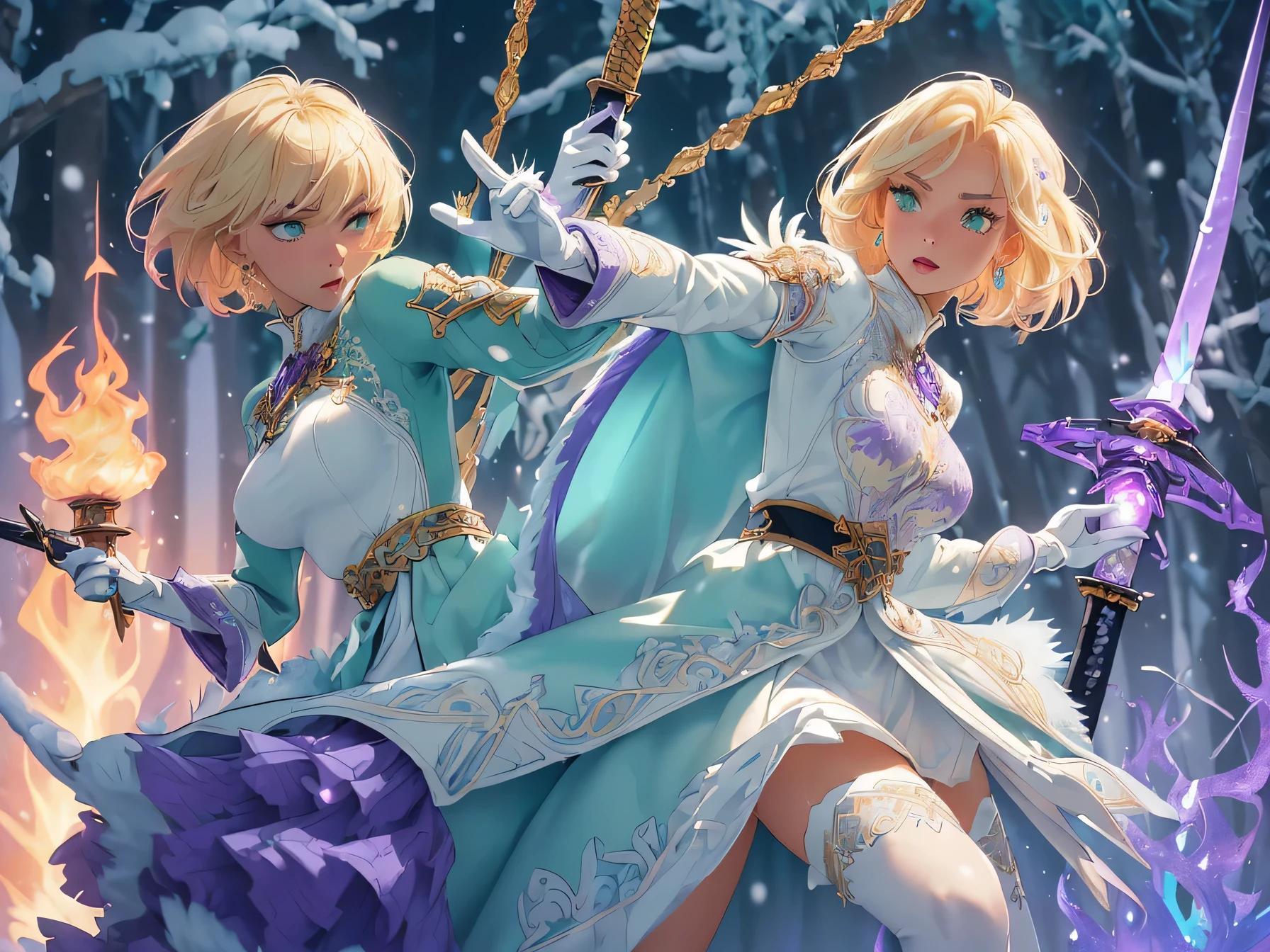 nsfw:1.1,high resolution:1.7,incredibly absurdres,kawaii:1,cute:1.5, hires.fix,incredibly fine illustration,masterpiece:1.2,best quality,high quality,exquisite,beautiful,insanely detailed,intricate detailed,extremely detailed,Super Definition,ultra high res,Super Resolution,best aesthetic, ultra detailed:1.5,best quality,perfect face,detailed face,8k cg wallpaper, stunning art,absurdres,octane render,ultra hires,1girl,cute elf,shinylips,waist slender,((anime elf with extremely cute and beautiful blond hair)),((((blond hair:1.35,undercut blond hair,short hair,colored inner hair,ear breathing)))),(((green_eyes:1.3))),intricate eyes,beautiful detailed eyes,symmetrical eyes,big eyes:1.5,enchanting bright eyes studded with gold and silver dust,(((pinky skin,glowing_skin,lustrous skin:1.5,bright skin: 1.5,skin tanned,shiny skin,very shiny skin,shiny body,plastic glitter skin,exaggerated shiny skin,illuminated skin))),upward breasts,(detailed body,(detailed face)),cute,daring,zettai ryouiki,show skin,best relationship with four fingers and one thumb,((girl trembling with sexual climax)),(((aqua fur coat, aqua fur coat outfit, wearing a ice dress:1.3,aqua winter coat))),((ice dress,elegant ice dress)),(white gloves,white clothes,(((intricate outfit,intricate clothes,embroidered outfit,ornate outfit,embroidered clothes,ornate clothes))),torn clothes,broken clothes,(((pussy))),showing her vagina,((((perfect pussy)))),(((detailed pussy))),kupaa,show off pussy,((spread pussy)),(embarrassed),(dynamic pose:1.0),(centered,scale to fit dimensions,Rule of thirds),winter,scenery:1.25,((intricate scenery)),((snow forest background)),sharp focus,(ultra detailed,extremely detailed),(photorealistic artwork:1.37),(((vibrant colors,vibrant theme))),(intricate),full body,(perfect body),standing,(purple fire:1.5), (holding purple flame sword:1.5), (holding white energy sword:1.3), (black flame katana:1.3), (swing a white flame sword:1.3),
battle,fight,(action pose: 1.4),tentacles,dungeon