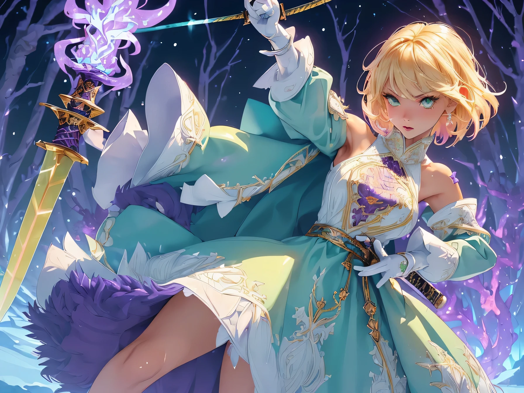 nsfw:1.1,high resolution:1.7,incredibly absurdres,kawaii:1,cute:1.5, hires.fix,incredibly fine illustration,masterpiece:1.2,best quality,high quality,exquisite,beautiful,insanely detailed,intricate detailed,extremely detailed,Super Definition,ultra high res,Super Resolution,best aesthetic, ultra detailed:1.5,best quality,perfect face,detailed face,8k cg wallpaper, stunning art,absurdres,octane render,ultra hires,1girl,cute elf,shinylips,waist slender,((anime elf with extremely cute and beautiful blond hair)),((((blond hair:1.35,undercut blond hair,short hair,colored inner hair,ear breathing)))),(((green_eyes:1.3))),intricate eyes,beautiful detailed eyes,symmetrical eyes,big eyes:1.5,enchanting bright eyes studded with gold and silver dust,(((pinky skin,glowing_skin,lustrous skin:1.5,bright skin: 1.5,skin tanned,shiny skin,very shiny skin,shiny body,plastic glitter skin,exaggerated shiny skin,illuminated skin))),upward breasts,(detailed body,(detailed face)),cute,daring,zettai ryouiki,show skin,best relationship with four fingers and one thumb,((girl trembling with sexual climax)),(((aqua fur coat, aqua fur coat outfit, wearing a ice dress:1.3,aqua winter coat))),((ice dress,elegant ice dress)),(white gloves,white clothes,(((intricate outfit,intricate clothes,embroidered outfit,ornate outfit,embroidered clothes,ornate clothes))),torn clothes,broken clothes,(((pussy))),showing her vagina,((((perfect pussy)))),(((detailed pussy))),kupaa,show off pussy,((spread pussy)),(embarrassed),(dynamic pose:1.0),(centered,scale to fit dimensions,Rule of thirds),winter,scenery:1.25,((intricate scenery)),((snow forest background)),sharp focus,(ultra detailed,extremely detailed),(photorealistic artwork:1.37),(((vibrant colors,vibrant theme))),(intricate),full body,(perfect body),standing,(purple fire:1.5), (holding purple flame sword:1.5), (holding white energy sword:1.3), (black flame katana:1.3), (swing a white flame sword:1.3),
battle,fight,(action pose: 1.4),tentacles,dungeon