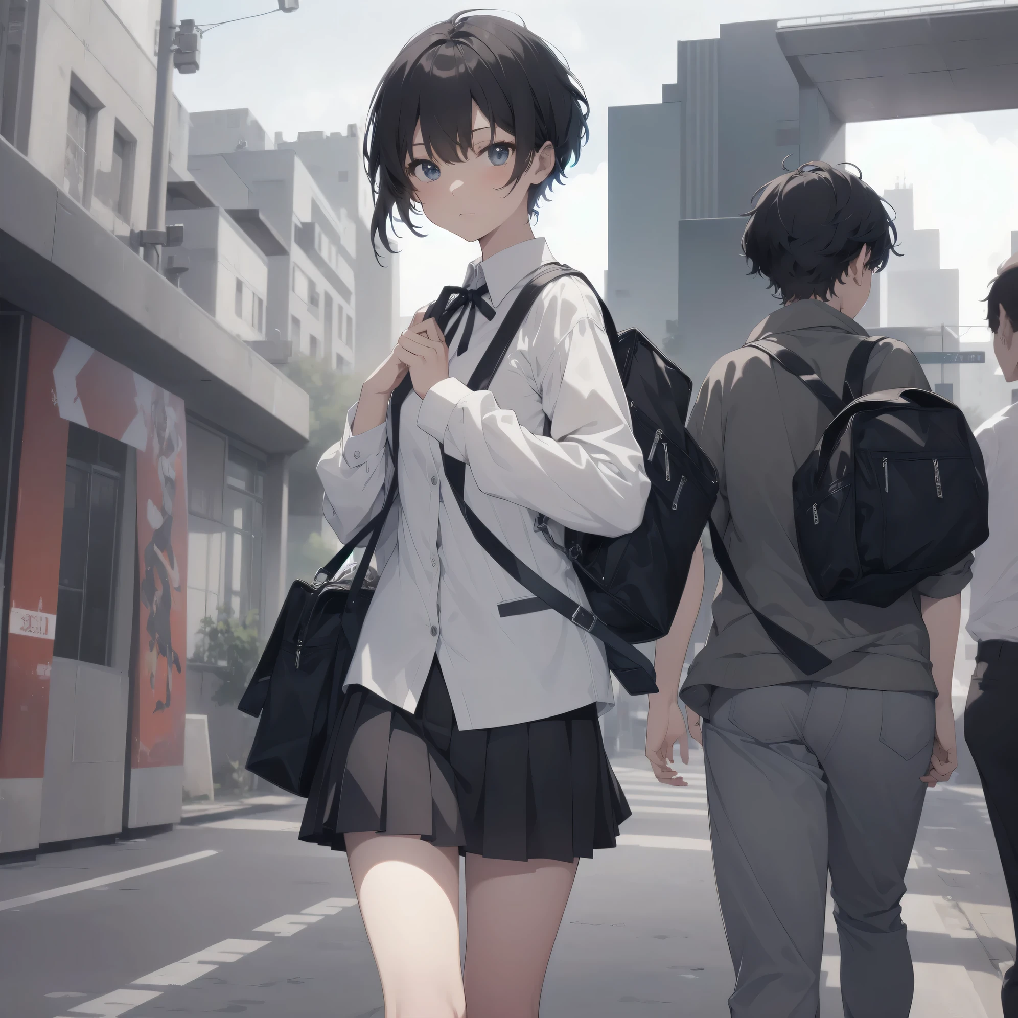 Super Absurd - Top Quality from the God of Art, Super detailed, High resolution, anime moe art style, best anime 8K konachan wallpaper, Pixiv contest winners, perfect anatomy,break, (眠そうにalone学校へ行く女の子を描いてください. )break,1 girl, (alone,little woman, :1.3),All limbs, full finger,, The charm of an immature body, (very_short hair), shortcut, Bang, flat chest, small ass, between legs, small black eyes, detailed and beautiful eyes, Well-proportioned iris and pupils, expressive eyes, High resolutionの詳細な髪, expressive, neck ribbon, shirt, collared shirt, skirt, pleated skirt, , (detailed lighting), (detailed background), On the way to school. break,super dense skin, Best cinematic lighting powered by famous artist, 8K,Beauty Illustration,photoshop_(Moderate),Absurd Hi-Res,UHD,rough skin,break,((artist:gomji)), artist:Fujichoko,artist:Fujiyama,artist:hanekoto