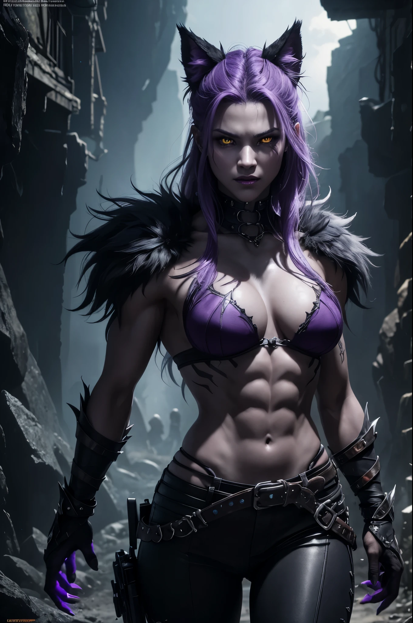 8K,Wrathful Werewolf of the Underworld,attack with sharp claws,purple eyes,Violent and strongly cracked abdominal muscles,sharp wolf fangs,gray and purple hair,black combat pants,masterpiece,Photorealistic RAW photos of the highest quality。bright colors,rich colors, Backlight, cinematic lighting, film grain, to be born, 50MM lens, Nikon D850,super realistic skin,fantasy art,character art,ultra high resolution,realistic scale skin,Perfect hand shape,dark underworld wasteland,