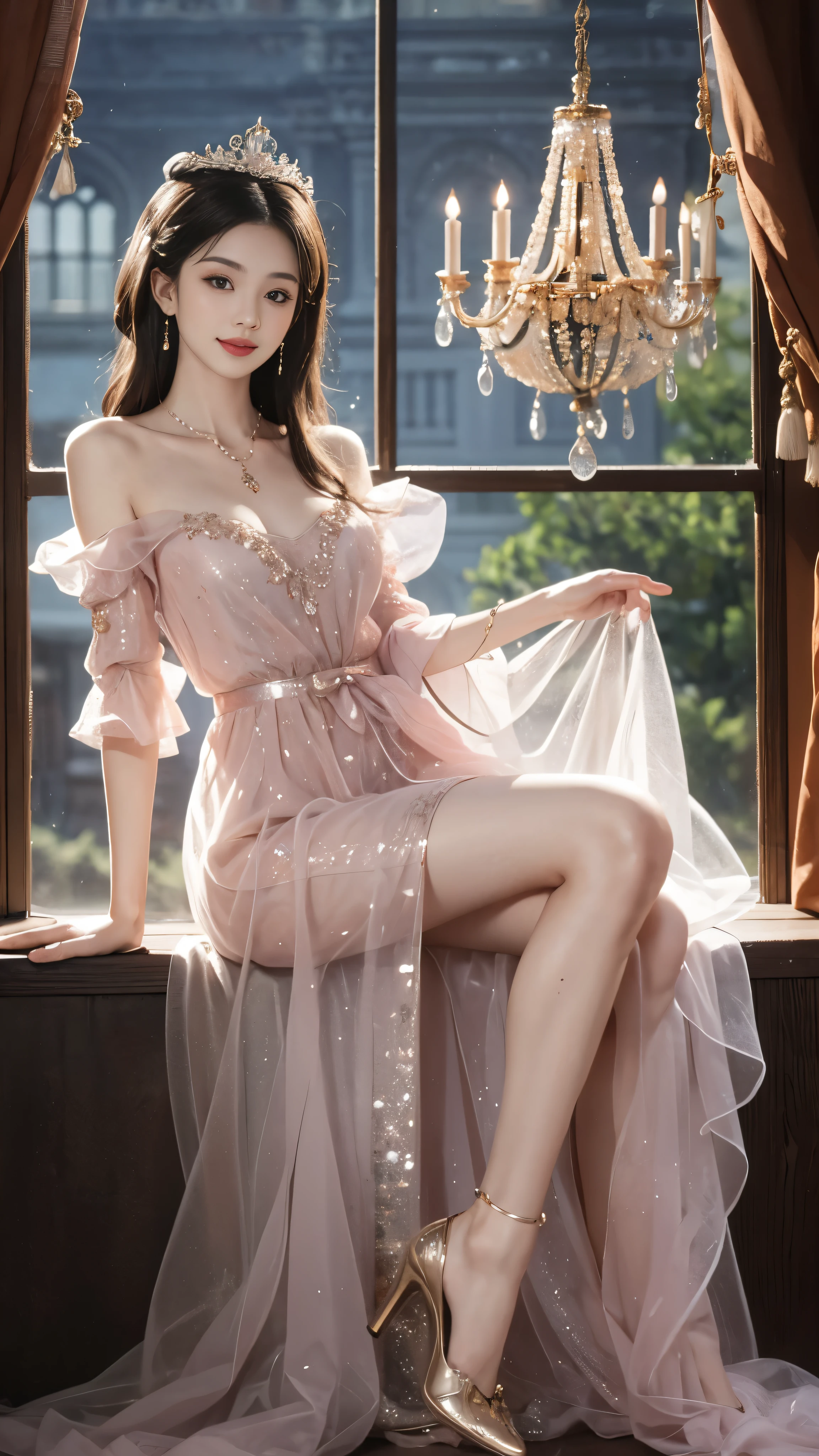 dress, ((knee shot)), Arapefy, looking at camera, Wear high-heeled shoes,wear a crown,necklace,smile,Shoot at random angles,next to the window, inside the castle, Transparency,(extra large ,1.5),expose cleavage,turn around and look at the camera,masterpiece,perfection,Transparency,sky inspiration,details and decoration,show thighs,sexy slender legs, 8K,(Wearing jewelry such as rings,1.9),white skin,gorgeous decoration,girl,(anatomically correct,premium quality, high detail, masterpiece)