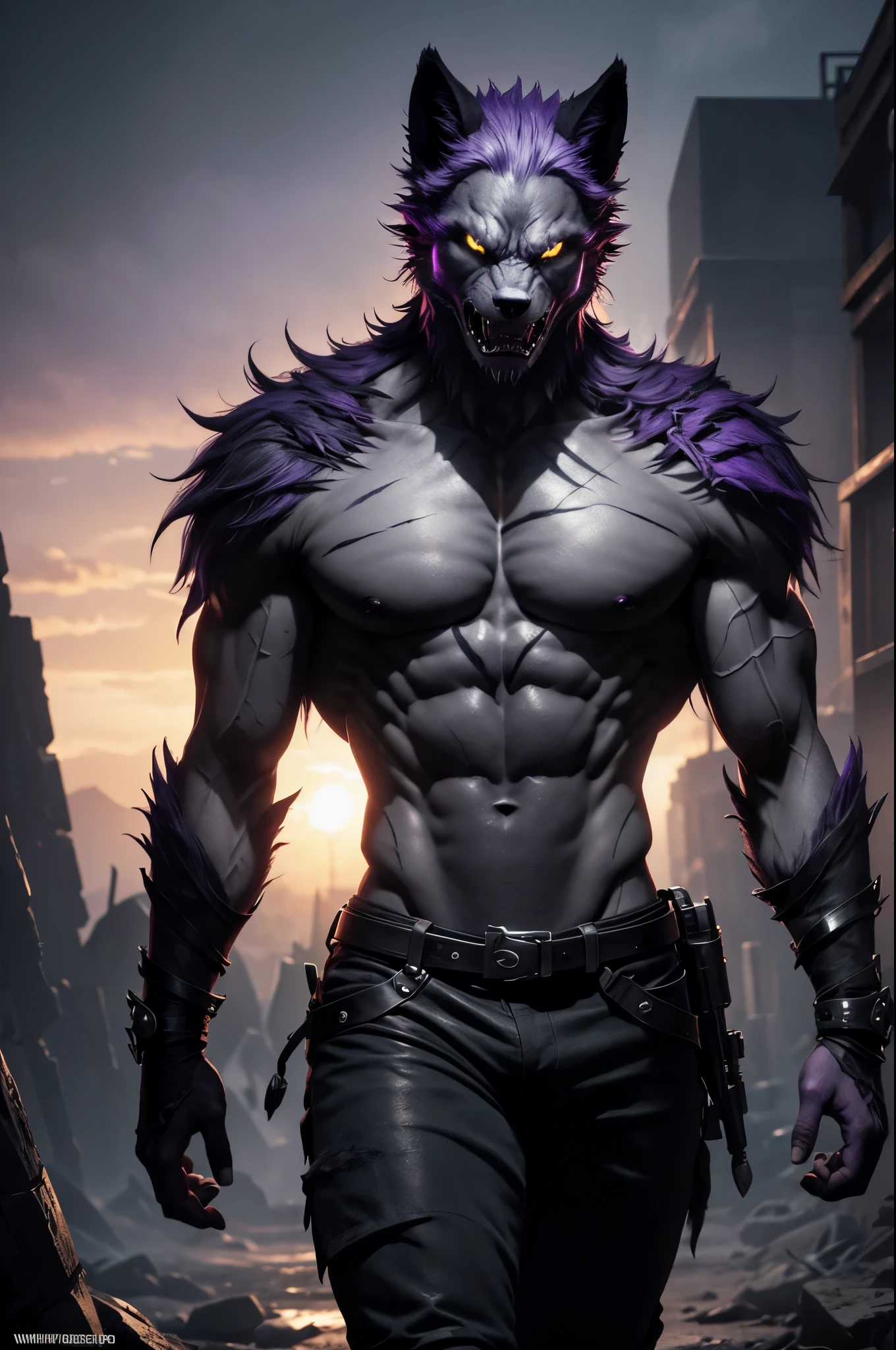 8K,Wrathful Werewolf of the Underworld,attack with sharp claws,purple eyes,Violent and strongly cracked abdominal muscles,sharp wolf fangs,gray and purple hair,black combat pants,masterpiece,Photorealistic RAW photos of the highest quality。bright colors,rich colors, Backlight, cinematic lighting, film grain, to be born, 50MM lens, Nikon D850,super realistic skin,fantasy art,character art,ultra high resolution,realistic scale skin,Perfect hand shape,dark underworld wasteland,
