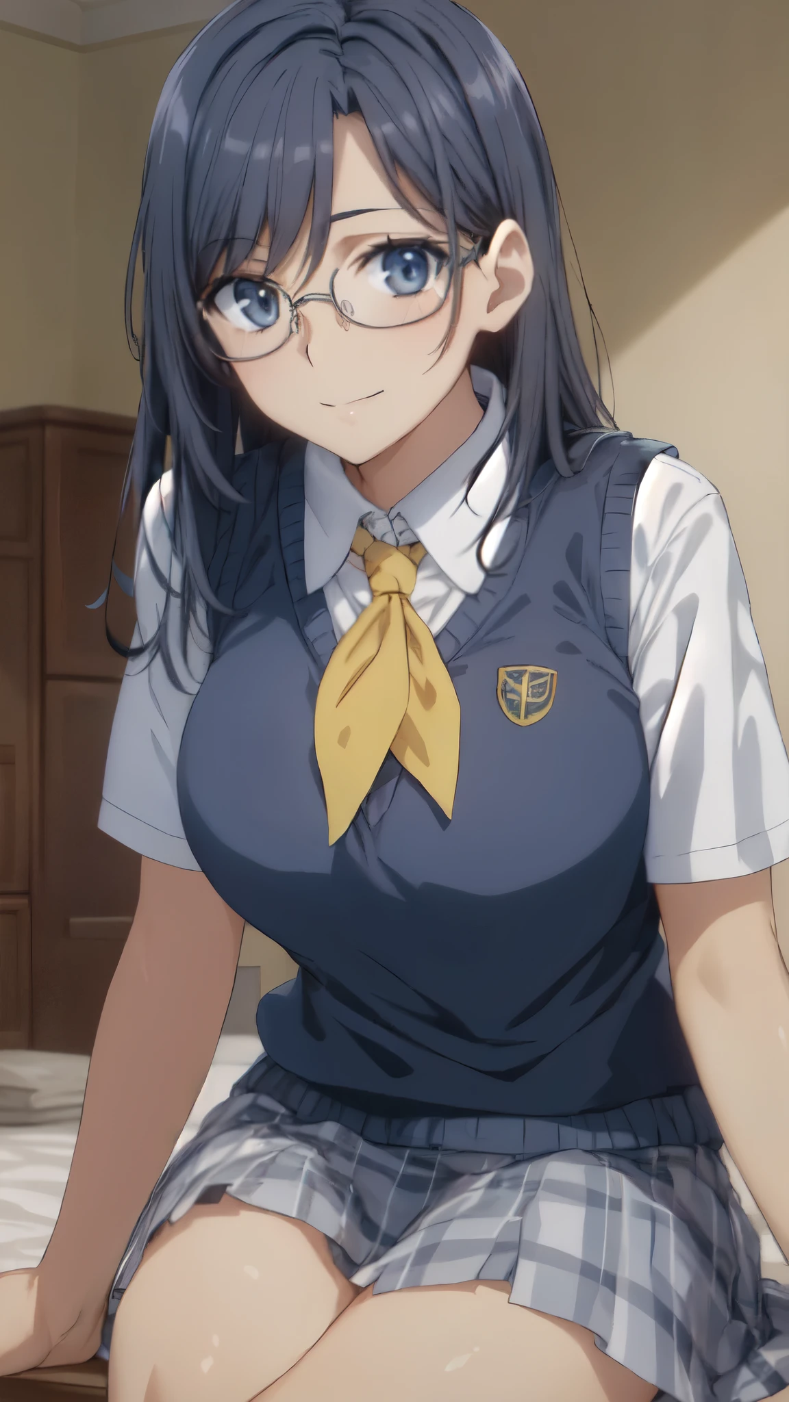 masterpiece, highest quality, High resolution, morning,semi-long, (black hair, blue eyes, Glasses,:1.3) , bright yellow neckerchief, (vivid color,bright room),collared shirt, sweater vest,large breasts,(Blue Vest:1.2), short sleeve, Disciplinary Commissioner&#39;s Armband, plaid skirt, gray skirt, indoors, sitting, smile, open your mouth, Thigh,