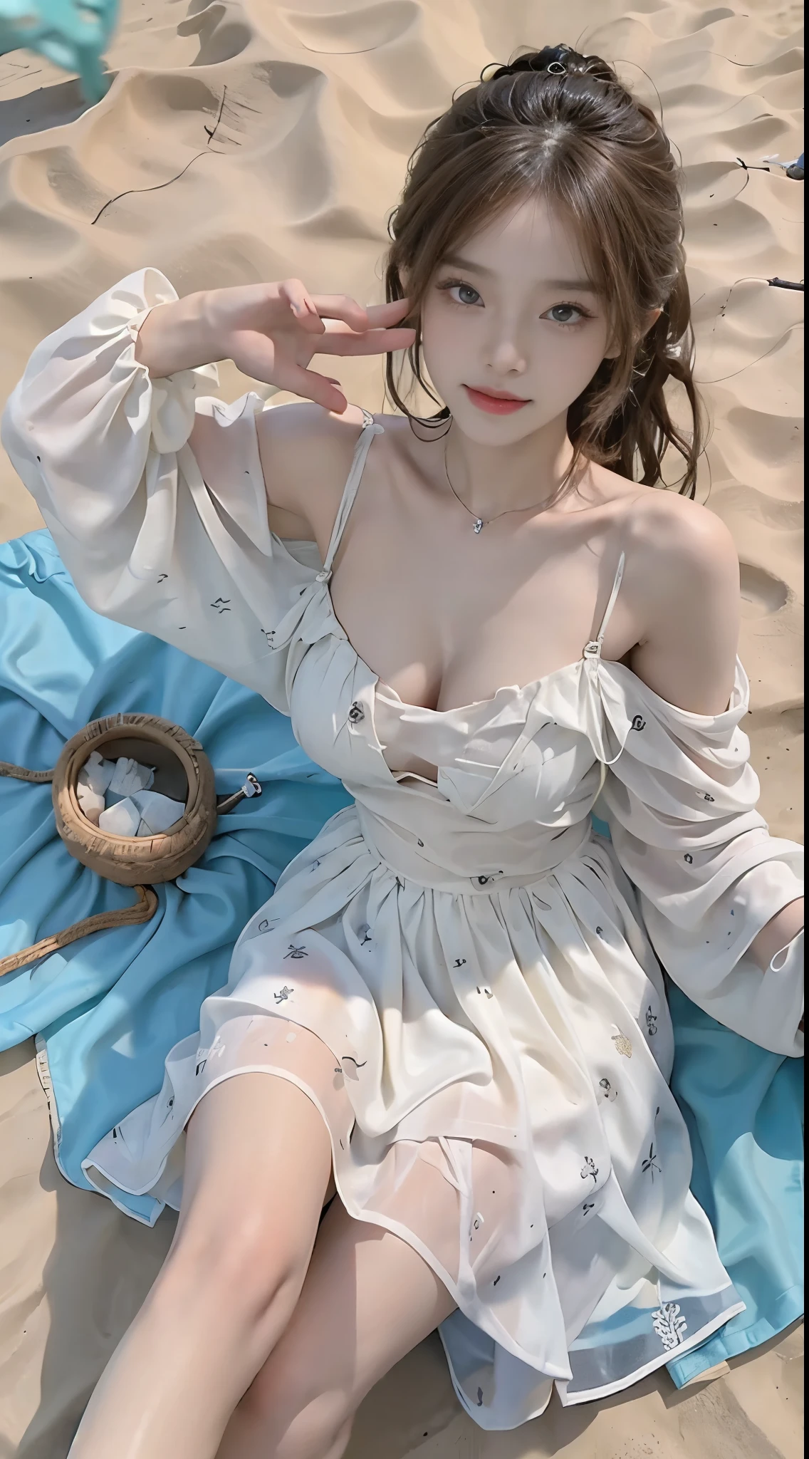 summer3, (masterpiece, best quality:1.2), 1girl, solo, ((bare shoulders)), (actual:1.37), ((lying on a beach)), ((Bird&#39;s eye view shot)), Sweet maiden, beautiful妆容, Exquisite makeup, Extremely beautiful eyes, long hair, curls, slim body, ((big breasts, Big breasts, cleavage)), Sexy slender legs, The skirt is short, Leaking sexy legs, elegant posture, Dynamic posing, best quality, correct, correct的手, correct的腿, 解剖学correct, official art, complex, detail的脸, detail, lifelike, Very detailed, amazing, beautiful, Young and energetic, Charming model, Meticulous CG Uniform 8k wallpaper