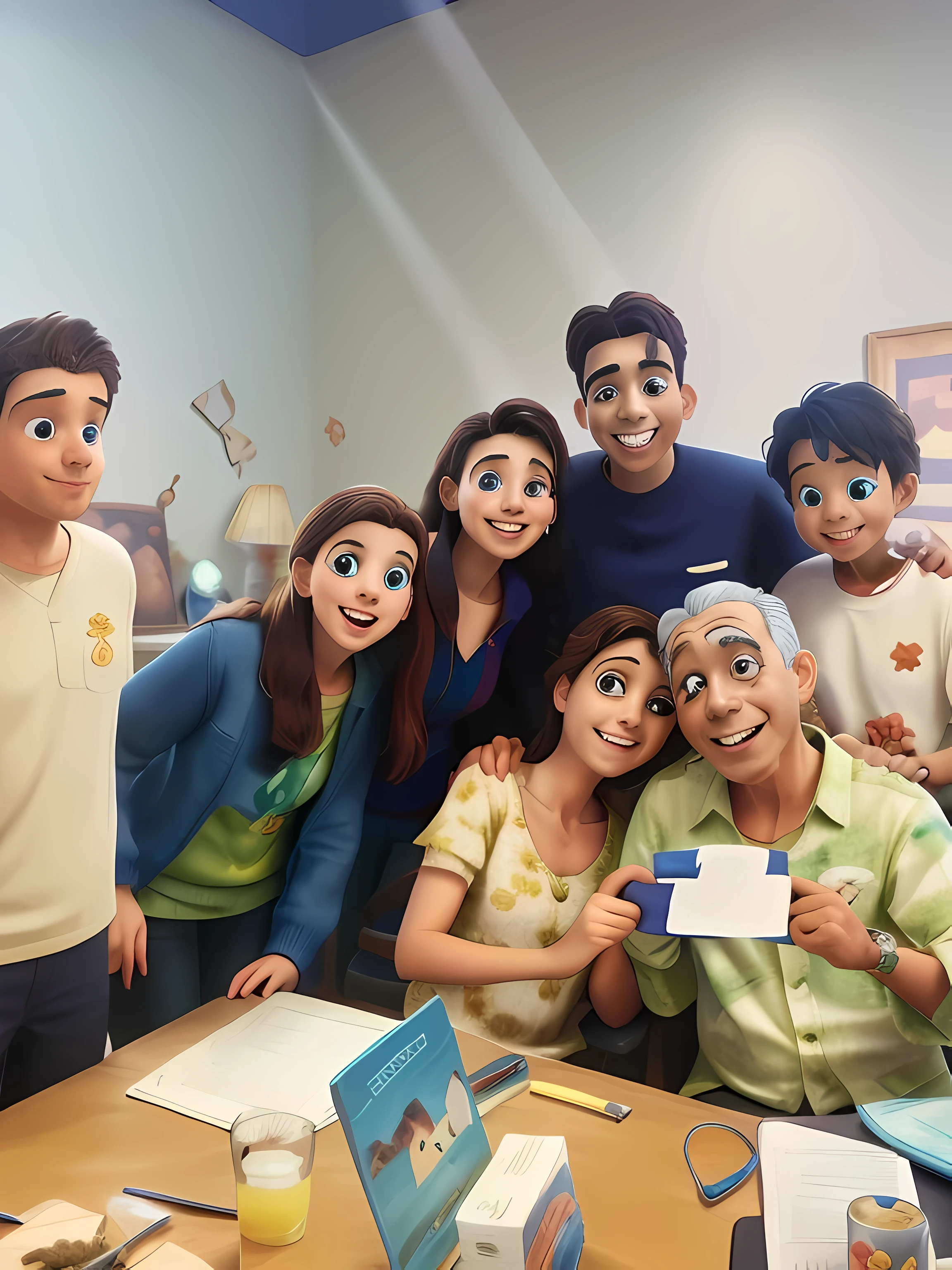 there are many people posing for a photo together in a room, imagem promocional do filme, filme animado, ainda do filme, movie about coronavirus from pixar, filme animado, filme animado still, desenho animado ainda, um ainda feliz, filme premiado still, 3 d filme animado, ainda do filme da pixar, animated film still, ainda de um filme