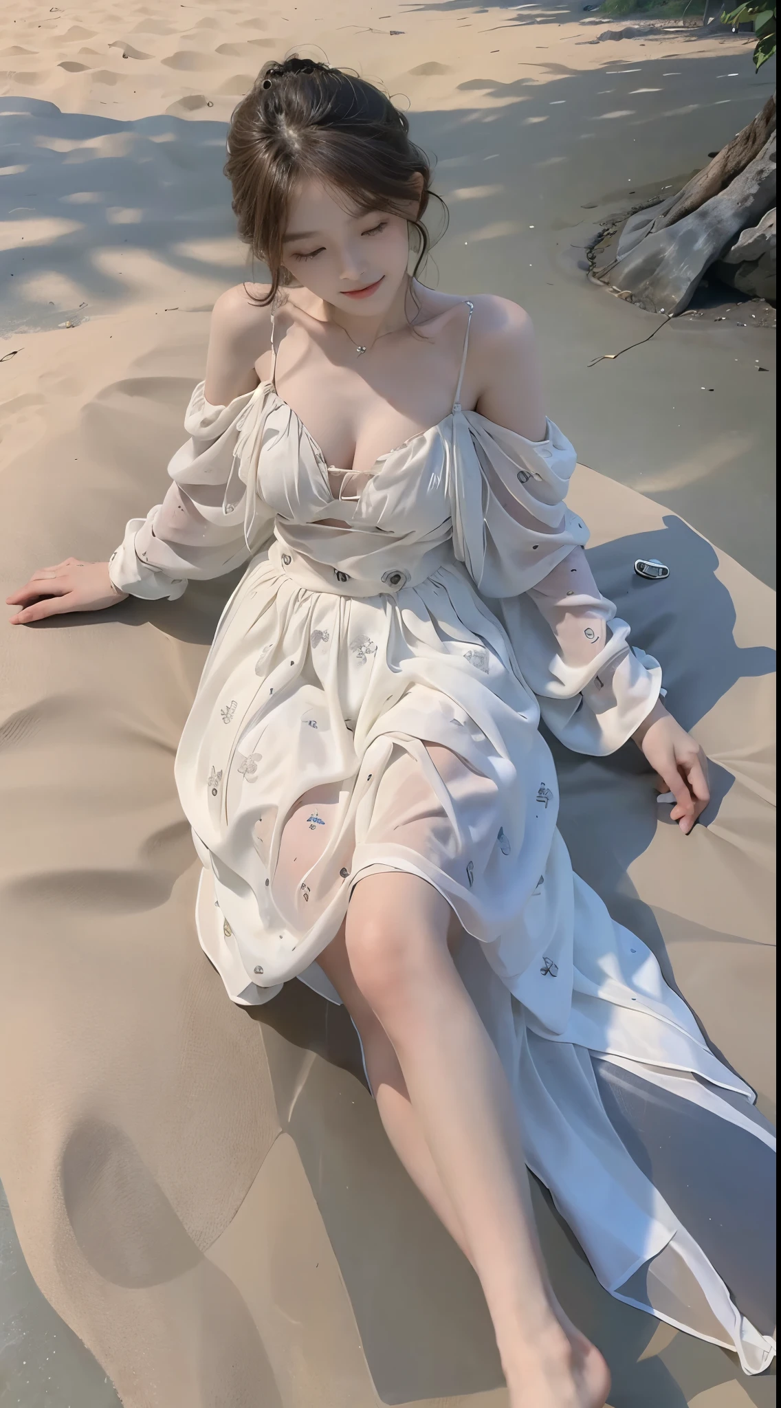 summer3, (masterpiece, best quality:1.2), 1girl, solo, ((bare shoulders)), (actual:1.37), ((lying on a beach)), ((Bird's eye view shot)), Sweet maiden, beautiful妆容, Exquisite makeup, Extremely beautiful eyes, long hair, curls, slim body, ((big breasts, Big breasts, cleavage)), Sexy slender legs, The skirt is short, Leaking sexy legs, elegant posture, Dynamic posing, best quality, correct, correct的手, correct的腿, 解剖学correct, official art, complex, detail的脸, detail, lifelike, Very detailed, amazing, beautiful, Young and energetic, Charming model, Meticulous CG Uniform 8k wallpaper