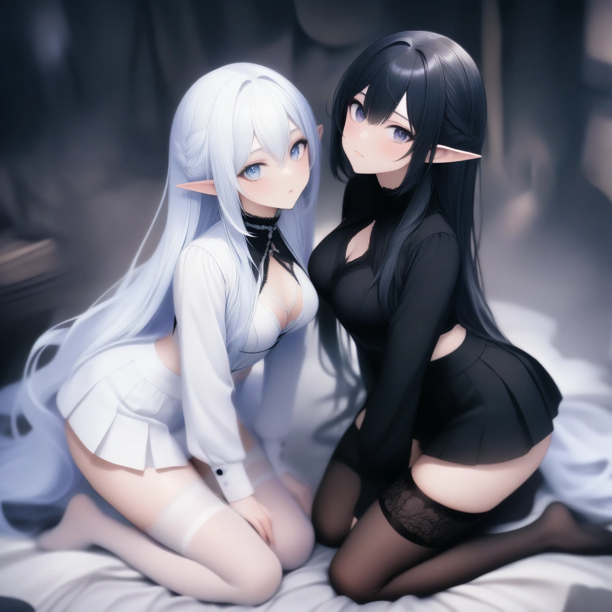 Dark Elf, 2girls, pointy ears, thighhighs, long hair, kneeling, black hair, looking at viewer, white hair