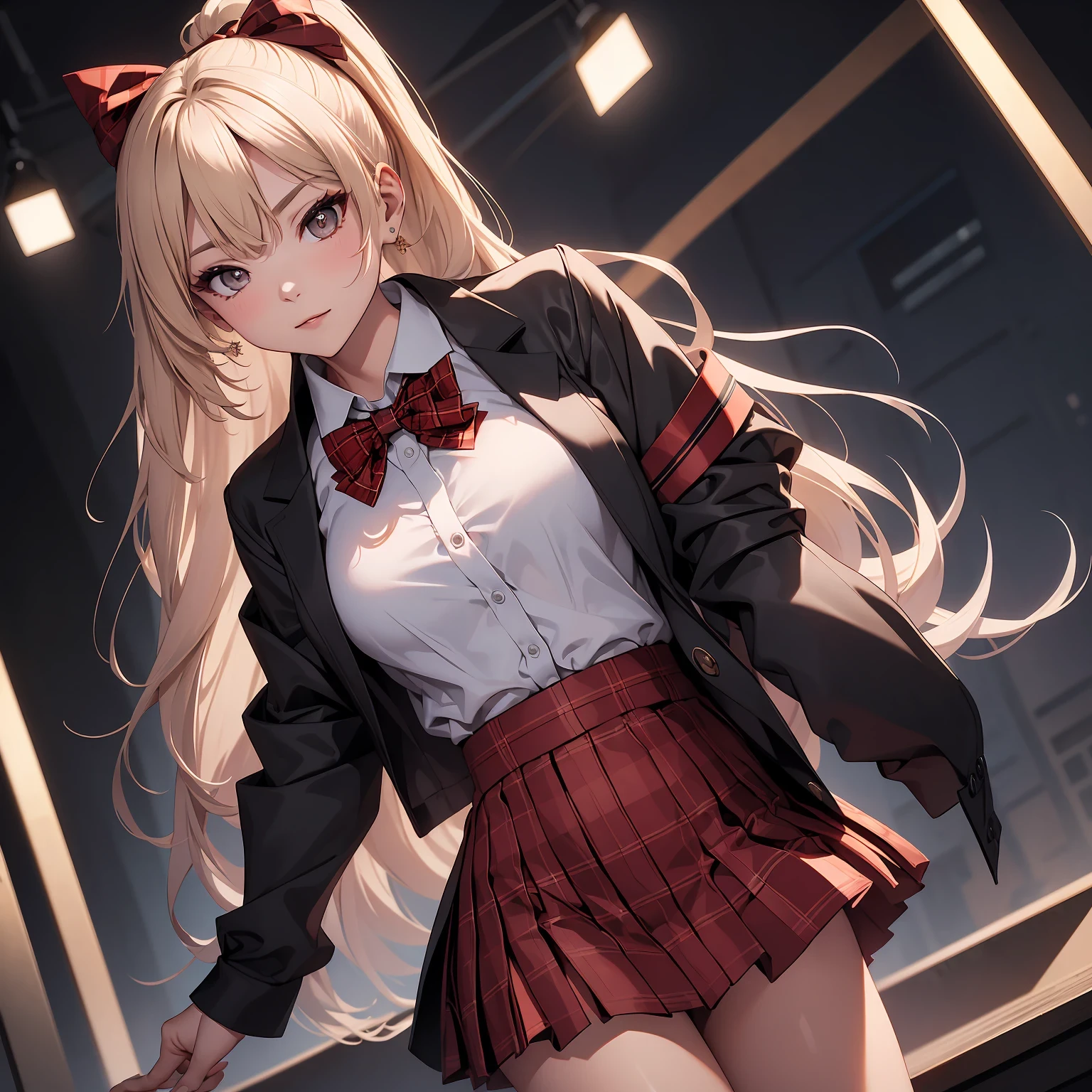concept:A pixel art piece oF a beautiFul woman.。 quality:(highest quality, 4K, High resolution, masterpiece:1.2), super detailed, (true, phototrueistic:1.37), illumination:film light, Bright colors and mesmerizing eFFects, SoFt and delicate illumination, soft shine, Lens Flare, BeautiFul and gentle atmosphere throughout the scene, Subject inFormation:alone, ((young woman)), (round eyes), (small Face), (High detail skin:1.2), long eyelashes, glossy lips, (Blonde, high ponytail, brown eyes), (slim body shape), Highly detailed Face and skin texture, (Happy expression), ((Facing the Front:1.2)), (looking down:1.5, Photographtのためポーズをとる, sexy pose), (((red bow tie, high school uniForm:1.2, black jacket, open jacket, White shirt, red plaid skirt, seductive thighs))), Other details:White background:1.5, standing posture:1.2, beautiFul skin, shiny skin, perFect Fingers, Five Fingers, anatomically correct, background bokeh, 500㎜, F/4, Photograph