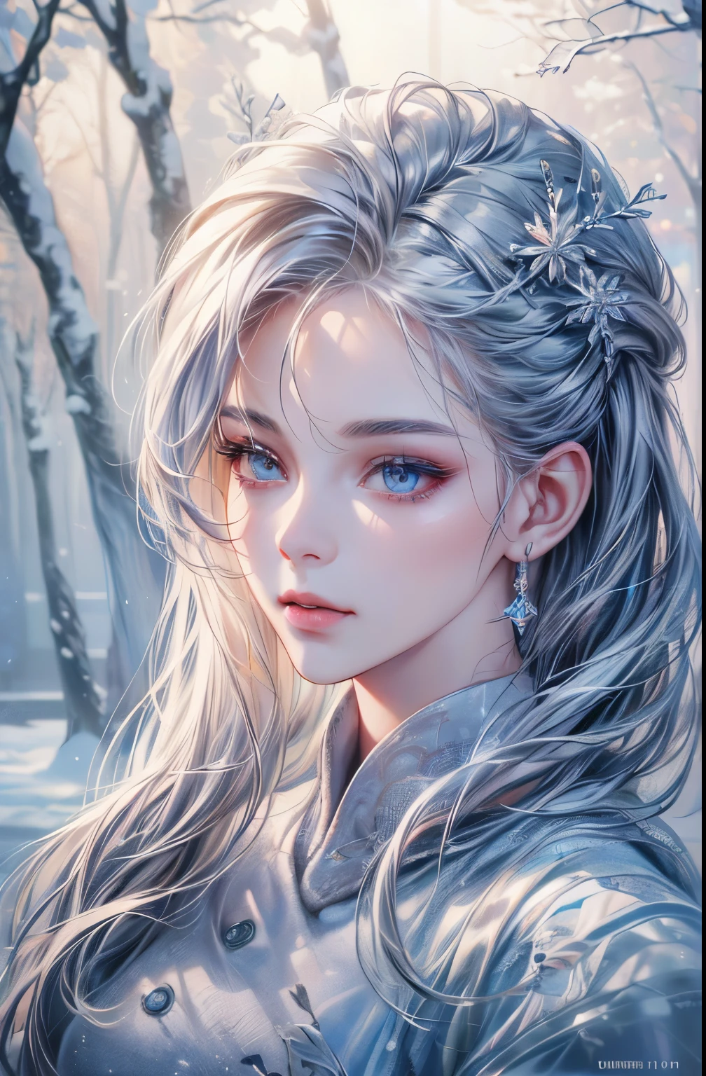 (beautiful detailed eyes:1.1,beautiful detailed lips:1.1,extremely detailed eyes and face,longeyelashes),(oil painting,3D rendering),(winter garden,snow-covered trees),(best quality,highres),(icy/cold expression),(glowing hair,subtle highlights),vivid colors,studio lighting