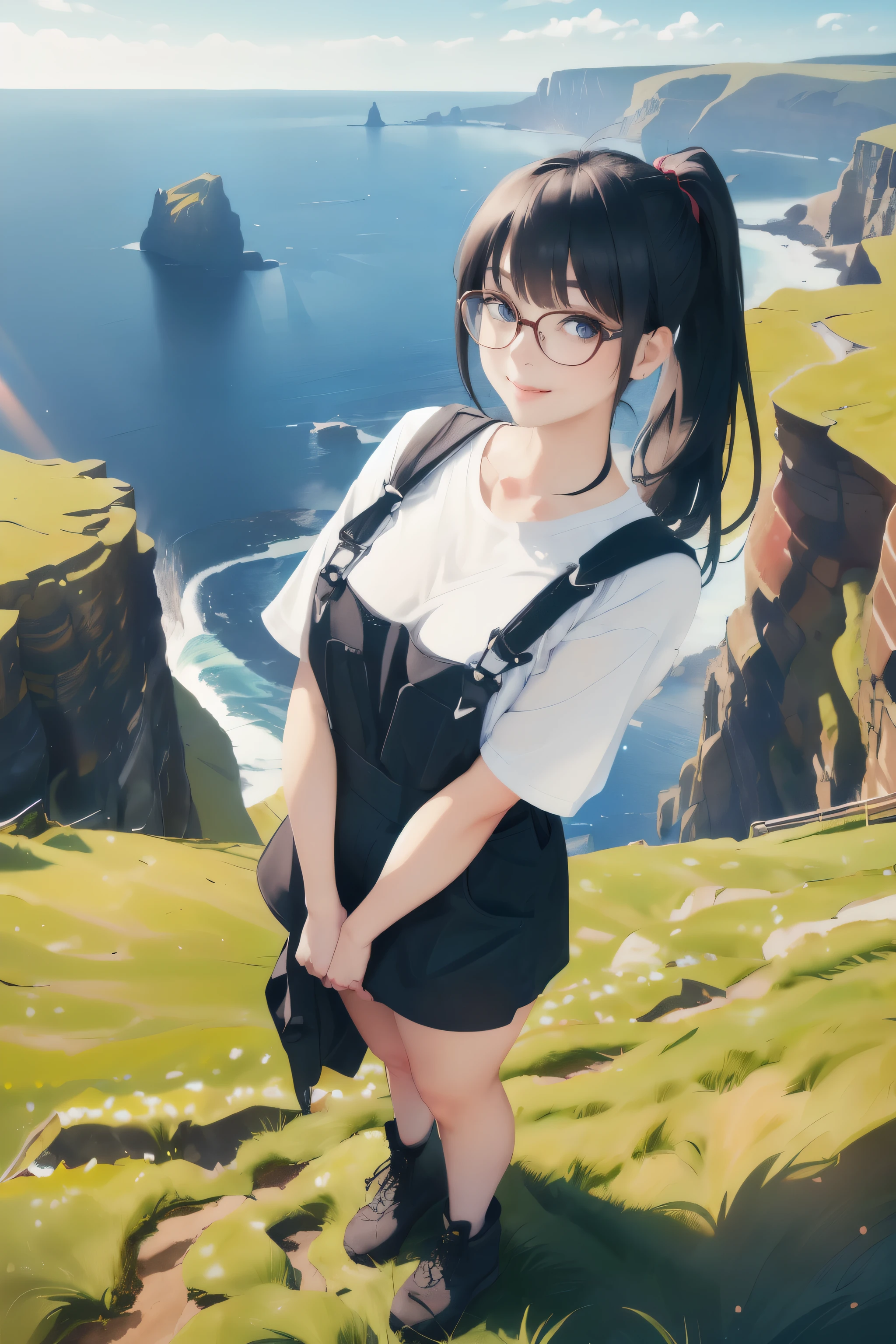 ((Wide angle shot, full body shot)) beautiful female tourist, black hair in a ponytail, smooth, wearing large glasses, smile at the corner of the mouth, ((Wear oversized overalls and a short skirt.)) morning light, Giant&#39;s Causeway, Ireland