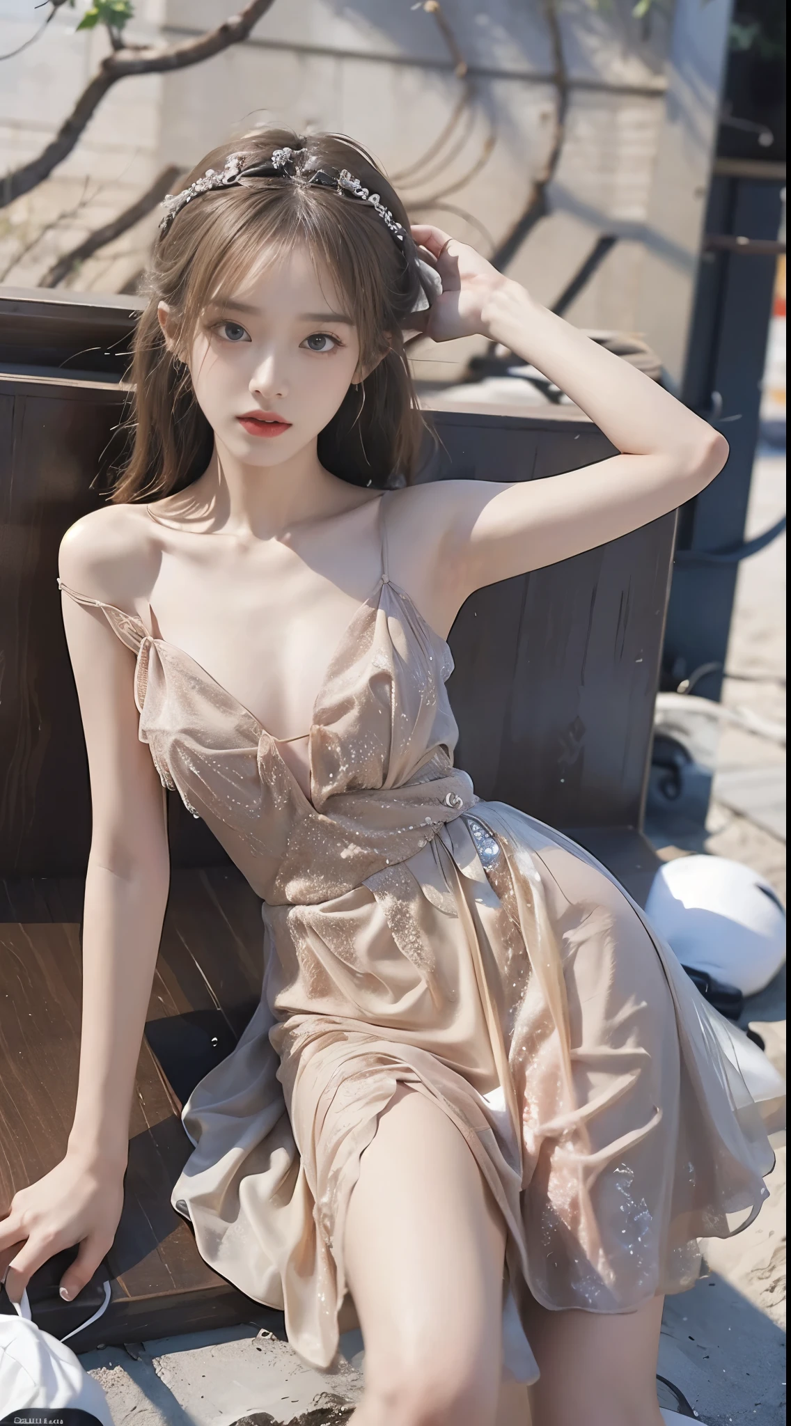 diamondv2,,, (masterpiece, best quality:1.2), 1girl, solo, ((bare shoulders)), (actual:1.37), ((lying on a beach)), ((Bird&#39;s eye view shot)), Sweet maiden, beautiful妆容, Exquisite makeup, Extremely beautiful eyes, long hair, curls, slim body, ((big breasts, Big breasts, cleavage)), Sexy slender legs, The skirt is short, Leaking sexy legs, elegant posture, Dynamic posing, best quality, correct, correct的手, correct的腿, 解剖学correct, official art, complex, detail的脸, detail, lifelike, Very detailed, amazing, beautiful, Young and energetic, Charming model, Meticulous CG Uniform 8k wallpaper