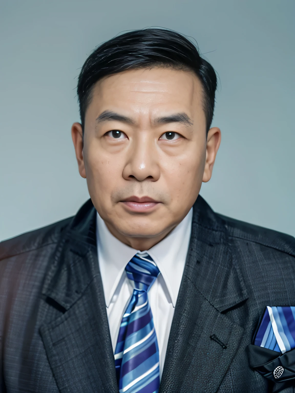 Highly realistic photo, ((masterpiece), (best quality), (raw photo), (photorealistic:1.4), Portrait of Vietnamese old man, 60 years old, ((black hair)), ((wearing a dark suit)), ((light blue background)), photo taken by Sony A7IV