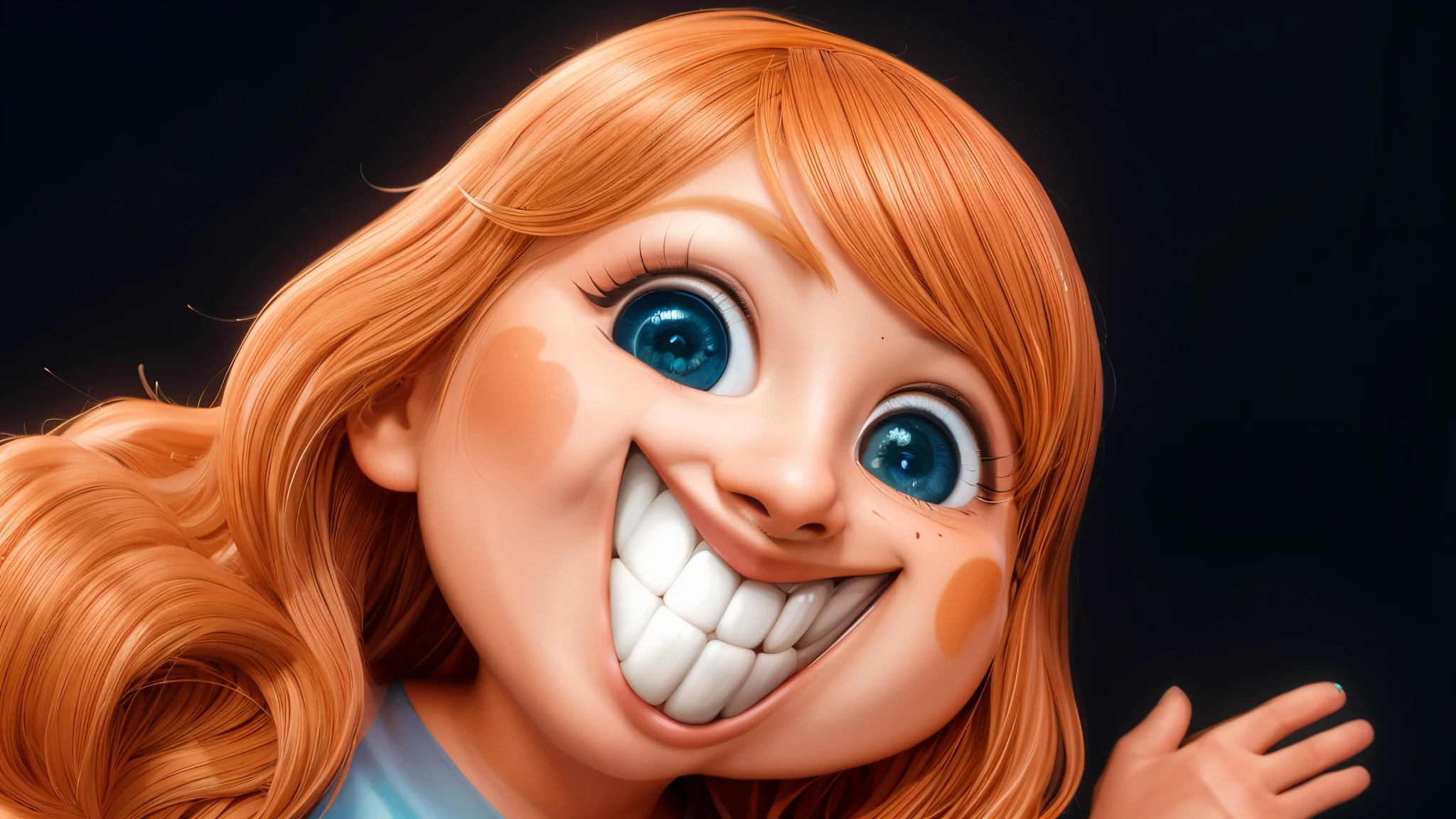 cartoon girl with teeth in mouth, crazy smile, character close up, Close-up character portrait, Creepy smile, detailed smile, huge smile, stupid smile, цифровая живопись CARTOON, madly grinning, evil smile, round teeth and goofy face, charming digital painting, grinning, very big smile, 3D icon for mobile game, CARTOON