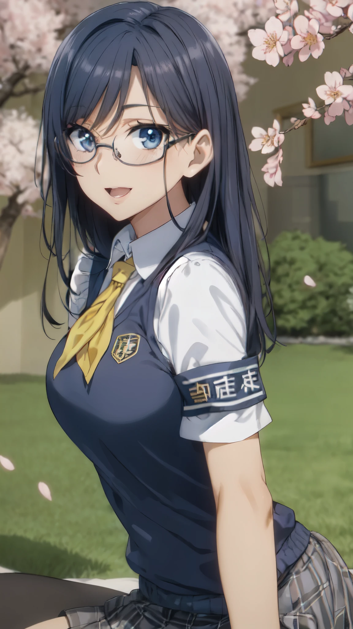 masterpiece, highest quality, High resolution, morning, semi-long, black hair, blue eyes, Glasses, ,bright yellow neckerchief, vivid color,bright light,(26 years old),collared shirt, sweater vest,large breasts,(Blue Vest:1.2), short sleeve, armband, plaid skirt, gray skirt, (outdoor,Cherry blossom tree in full bloom), Are standing, smile, open your mouth a little, 