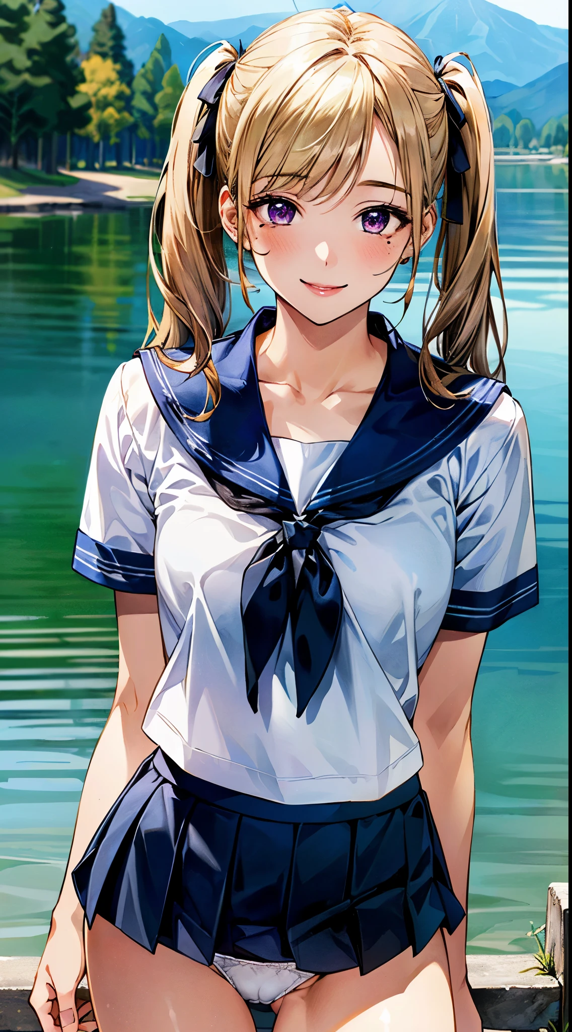 (masterpiece:1.3, top-quality, ultra high res, ultra detailed), (realistic, photorealistic:1.4), beautiful illustration, perfect lighting, natural lighting, colorful, depth of fields, super detailed skin
beautiful detailed hair, beautiful detailed face, beautiful detailed eyes, beautiful clavicle, beautiful body, beautiful chest, beautiful thigh, beautiful legs, beautiful detailed fingers, five fingers,
looking at viewer, 1 girl, japanese, high school girl, , perfect face, (perfect anatomy, anatomically correct), cute and symmetrical face, babyface, , y skin, breast, mole under eye,
(long hair:1.4, twintails:1.7, blonde hair), swept bangs, dark purple eyes, slant eyes, long eye lasher, (large breasts:0.5), slender,
((navy , short sleeves, navy pleated skirt, sailor collar, extremely sexy, , white panties, thong, crotch, seductive thighs, camel toe)),
(beautiful scenery), evening, , (lake), standing, (smile:1.5),