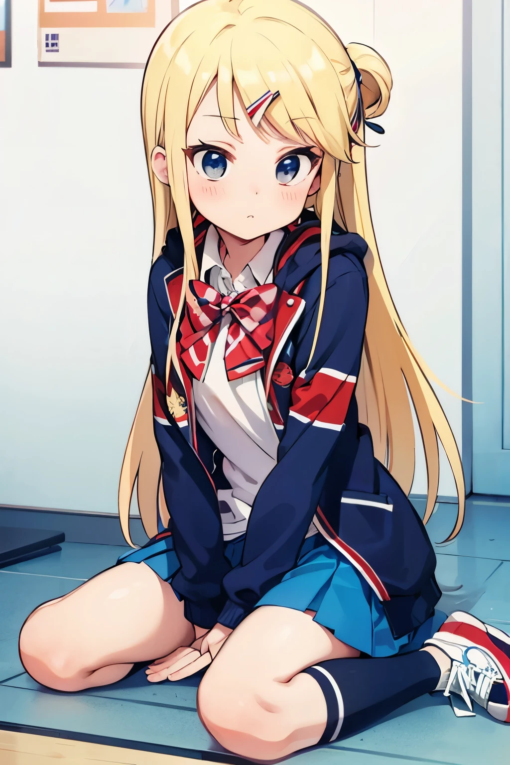 KUJO KAREN UNION JACK JACKET, STRIPED BOW, WHITE SHIRT, LONG SLEEVES, PLEATED SKIRT, BLUE SKIRT, KNEEHIGHS, SNEAKERS