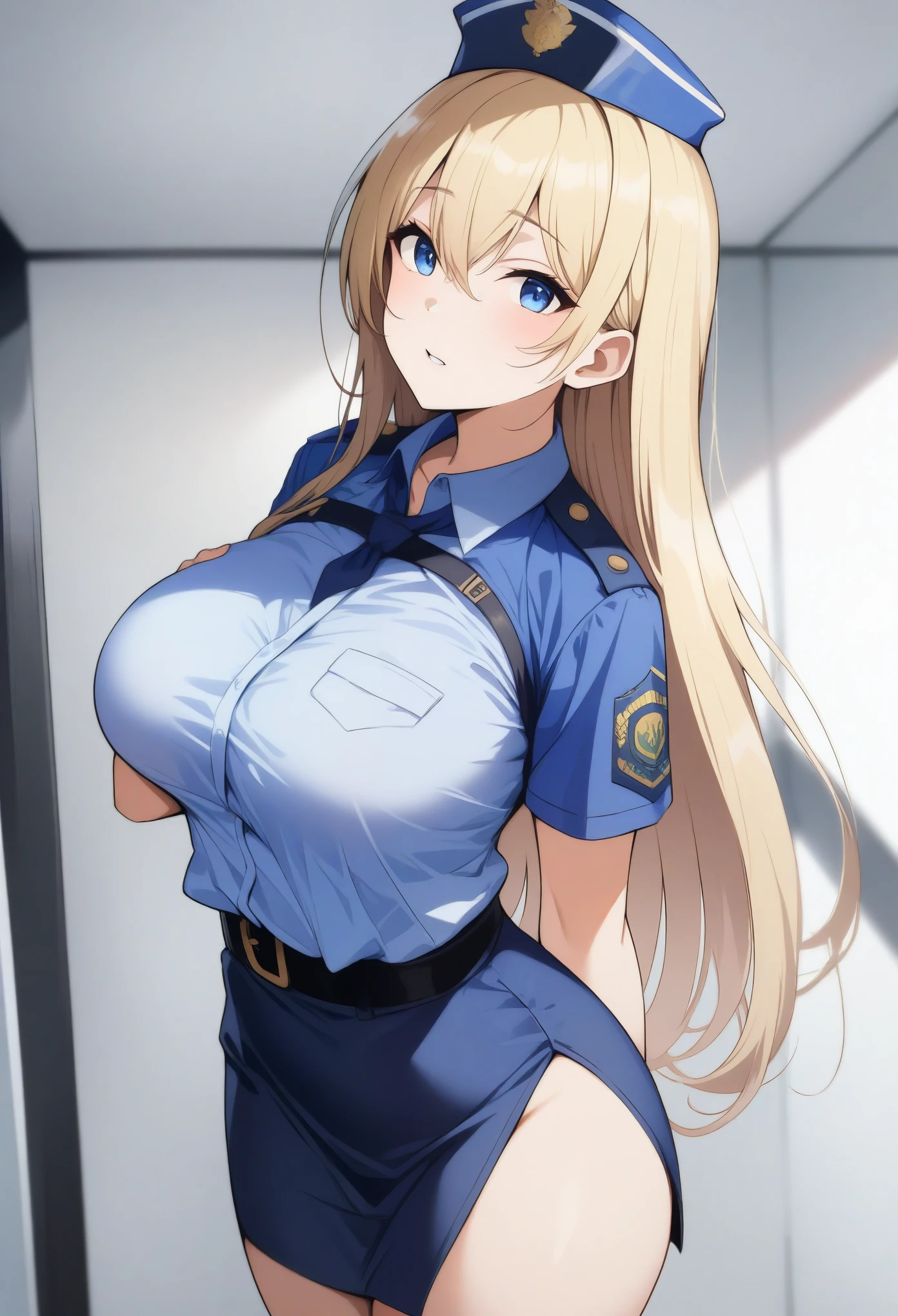 (masterpiece, best quality:1.2), police woman in skirt police uniforms, covered chest completely, blonde, giga_busty