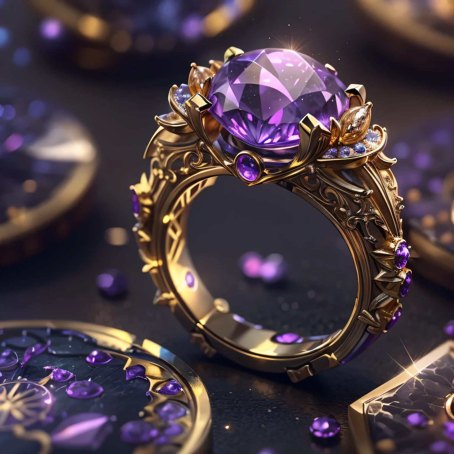 ultra high definition, Super details, best quality, high detail, 1080P, 16K, High resolution，Ring close-up，A ring with a sparkling surface, magical wishing ring,  Magic crystal ring, Magic ring with diamonds, purple glitter, gold and purple, ring light,, Sparkling gold ring, glowing purple, The background is a mysterious starry sky, Ring photography, Gemstones and yellow gold rings，(Best Illustration)，(best shadow)，Isometric 3D.octane rendering，surreal