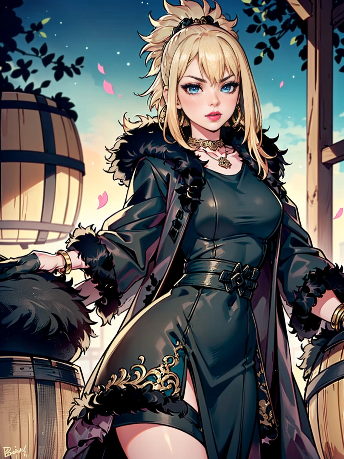 ((1woman, (solo, 1girl, alone), kohaku, blonde hair, blue eyes, tied hair)), smug, ((solo, (1woman, pink lipstick), Extremely detailed, ambient soft lighting, 4k, perfect eyes, a perfect face, perfect lighting, a 1girl)), austere, ((white dress, ornate long dress, dark green dress)), sexy red dress)), (((black fur coat:1.4), (ornate dress, turquoise dress))), gold bracelet, winery,wine barrels backgroudn, standing on a barrel, sexy pose)), gloves, gold bracelets, amethyst necklace, hoop earrings))