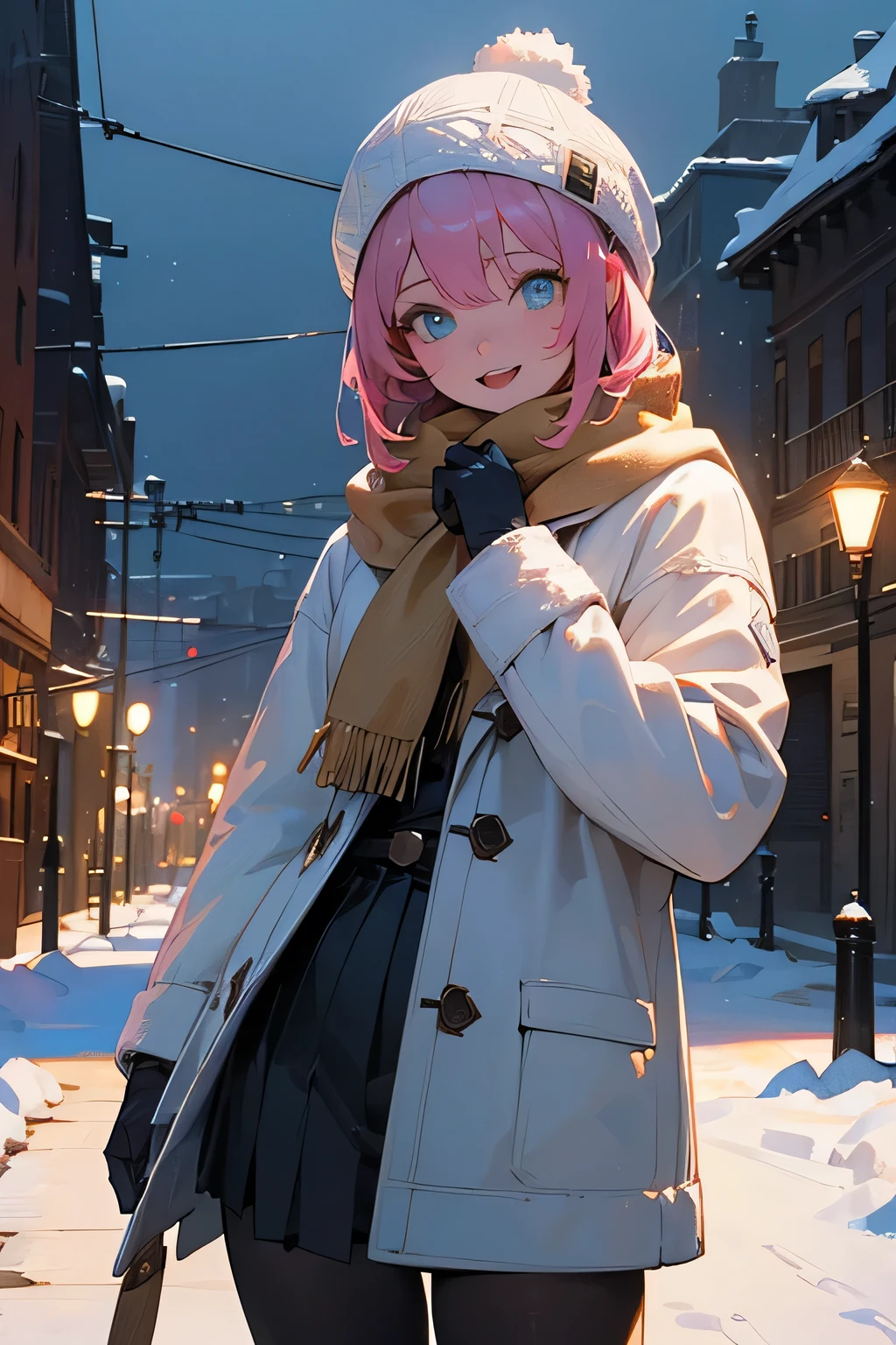 masterpiece, highest quality, super detailed, High resolution, (realistic, photo-realistic:1.37), excellent anatomy, 1 beautiful woman, short hair, bangs, blue eyes, hair between eyes, pink hair, happy smile, smile, open your mouth, knit hat, Yellow coat, white scarf, white sweater, He wears fluffy gloves on both hands., long skirt, black tights, it&#39;s snowing, It&#39;s snowing, winter, cold sky, moonlight, full moon, night, looking at the viewer, ((cowboy shot:1.2)), outdoor, city, building street, unity 8k wallpaper, (shape:0.8), (fine and beautiful eyes:1.6), very detailed face, perfect lighting, Very detailed CG, best light, best shadow, Mysterious, perfect face, very detailed,