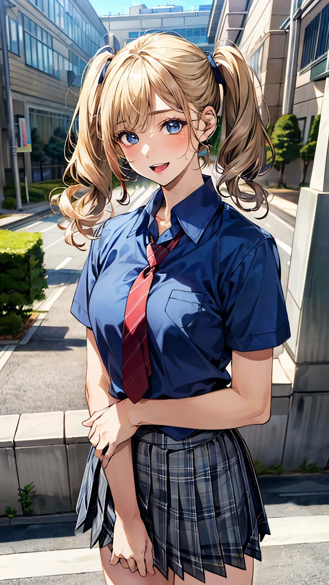 (masterpiece:1.3, top-quality, ultra high res, ultra detailed), (realistic:1.1, photorealistic:1.4), beautiful illustration, perfect lighting, colorful, depth of fields,
beautiful detailed hair, beautiful detailed face, beautiful detailed eyes, beautiful clavicle, beautiful body, beautiful chest, beautiful thigh, beautiful legs, beautiful fingers,
looking at viewer, 1 girl, japanese, high school girl, perfect face, (perfect anatomy, anatomically correct), cute and symmetrical face, babyface, suntan, shiny skin,
(middle hair:1.5, twintails:1.2, blonde hair), asymmetrical bangs, blue eyes, long eye lasher, (medium breasts), slender,
((collared short sleeve shirt, light blue shirt, , grey plaid pleated skirt, navy tie)), light blue panties,
(beautiful scenery), evening, (outdoors, cityscape in the distance), standing, hands on chest, (lovely smile, upper eyes, open mouth),