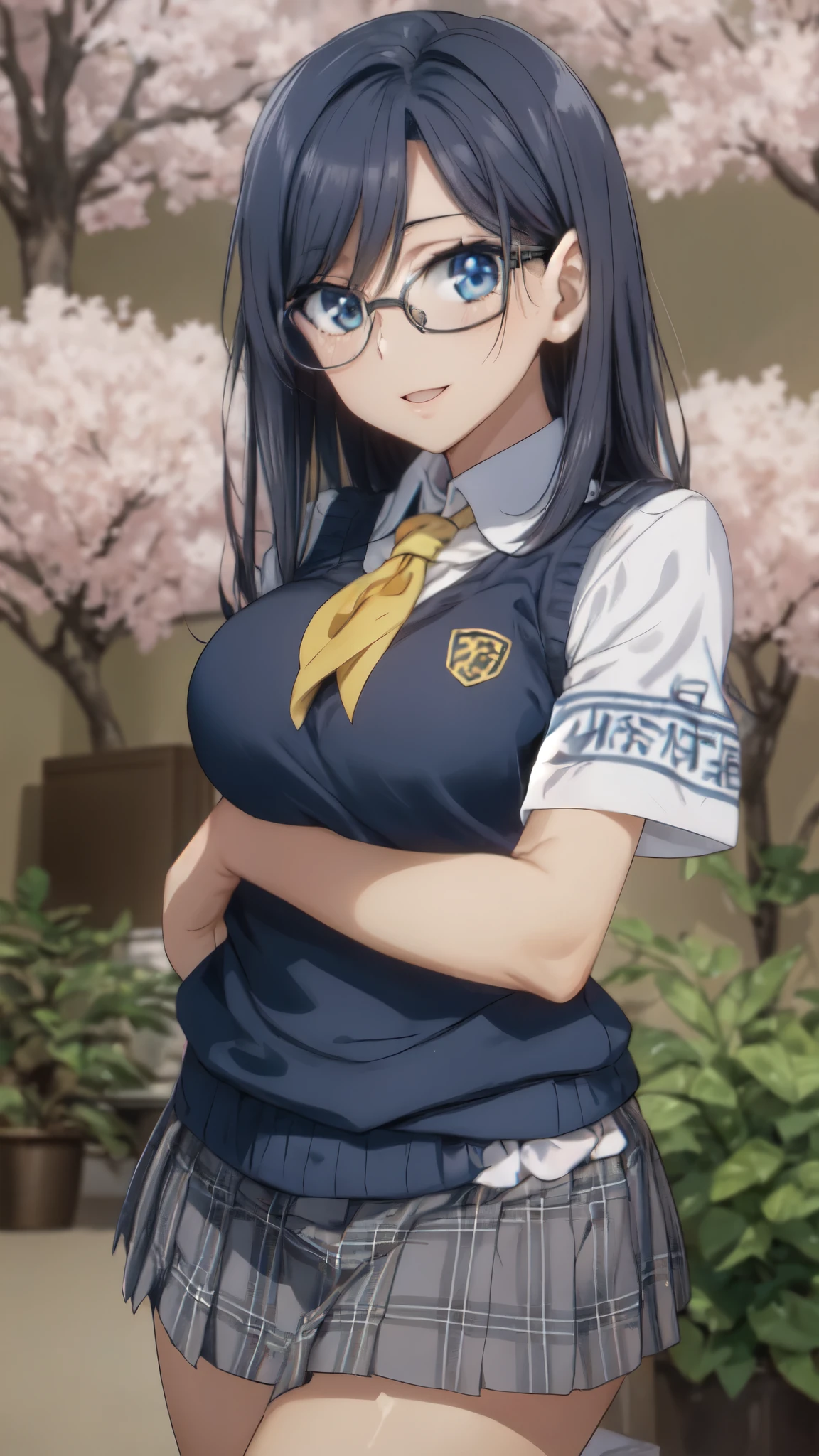 masterpiece, highest quality, High resolution, morning, spring,semi-long, black hair, blue eyes, Glasses, ,bright yellow neckerchief, vivid color,bright light,(26 years old:1.3),collared shirt, sweater vest,large breasts,(Blue Vest:1.2), short sleeve, armband, plaid skirt, gray skirt, (outdoor,Cherry blossom tree in full bloom), Are standing, smile, open your mouth a little, 