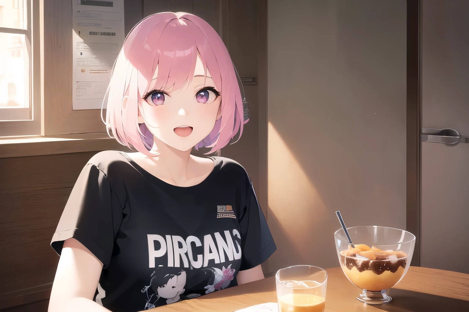 Upper body is shown、Realistic, real person, RAW photo, photorealistic, portrait photography, shiny skin, japanese idol、pink hair、bob cut hair with bangs、20 year old woman with pink eyes、smile, open mouth, Alone、(black:1.2) and (T-shirt) and (over size), The background is the dining room、sitting、cookies on a plate、juice in a cup
