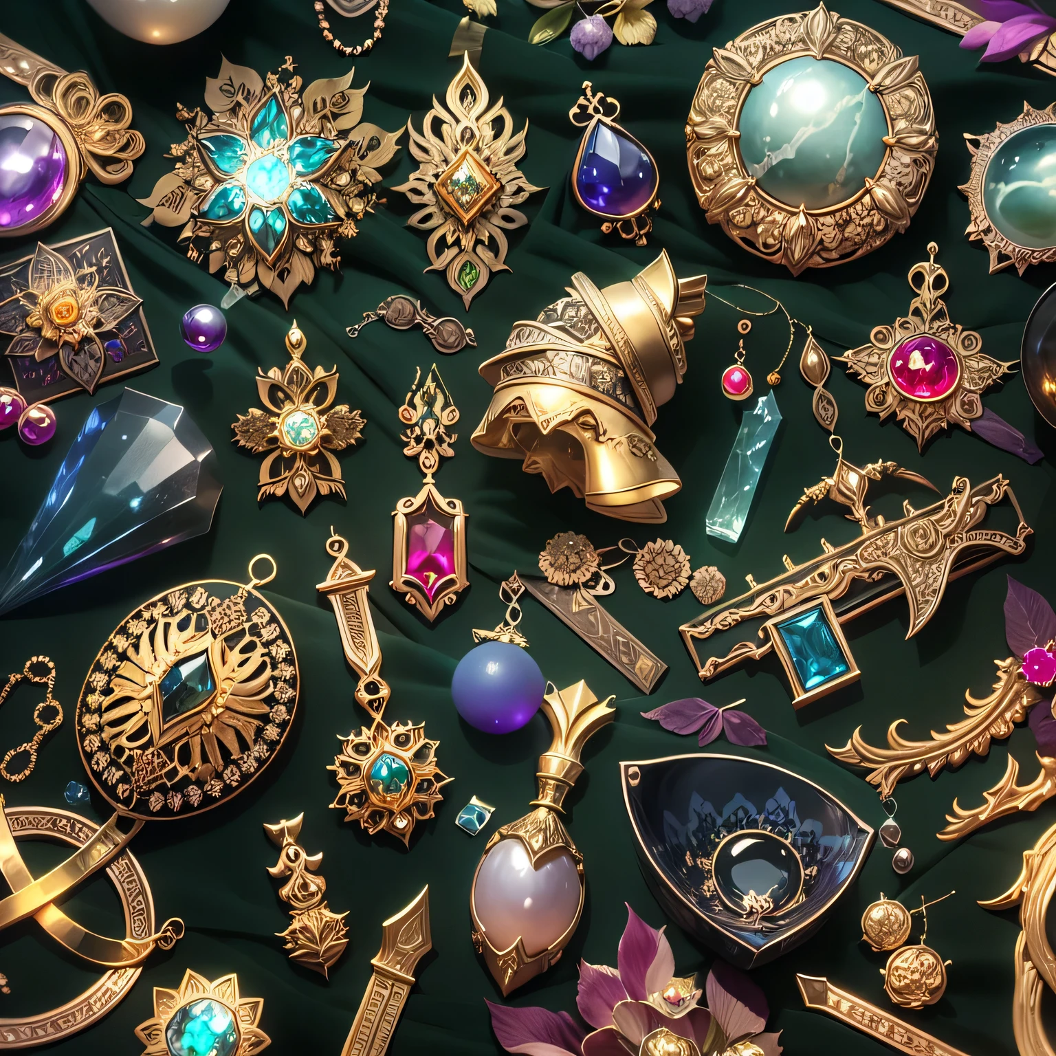 in the style of futuristic,(full focus:2),(Everything is arranged in a display case:1.3),(luxurious丝绸|medal|ore|luxurious weapons|obsidian|pearl|exit|white jade|amethyst|sapphire|gold products|silver products|Purple gold|Magic ornaments|antique|ruby|diamond|topaz|:2),Fantastic symbolic light particle effect,高科技luxurious, High-value jewelry,,High-value metals,luxurious,Puzzles are prohibited, Detailed and intricate backgrounds, shining, reflected light, ultra high definition, Award-winning, High resolution, high detail, chiaroscuro, movie lighting, masterpiece, Ray tracing,Quite accurate, Super details, high quality, high details, best quality, 16K