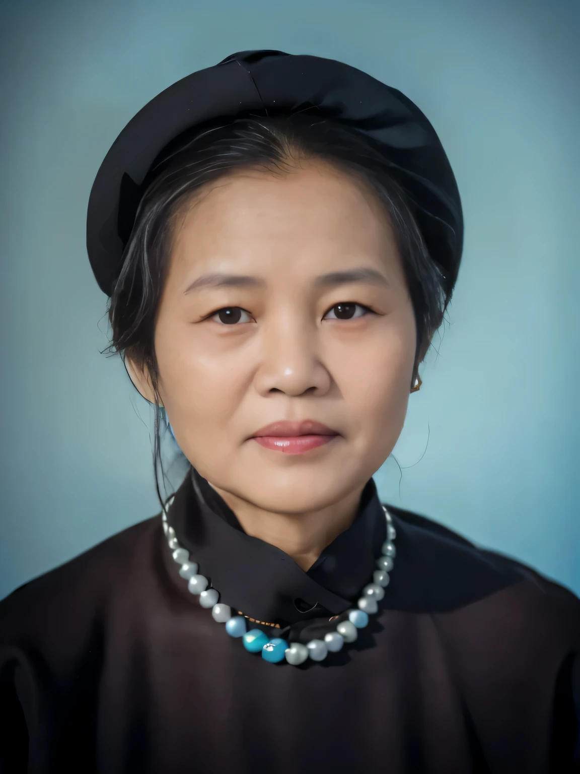 Highly realistic photo, ((masterpiece), (best quality), (raw photo), (photorealistic:1.4), Portrait of Vietnamese old woman, (60 years old), ((black hair)), ((wearing dark brown aodai)), ((wear a black scarf)), ((light blue background)) , photo taken by Sony A7IV
