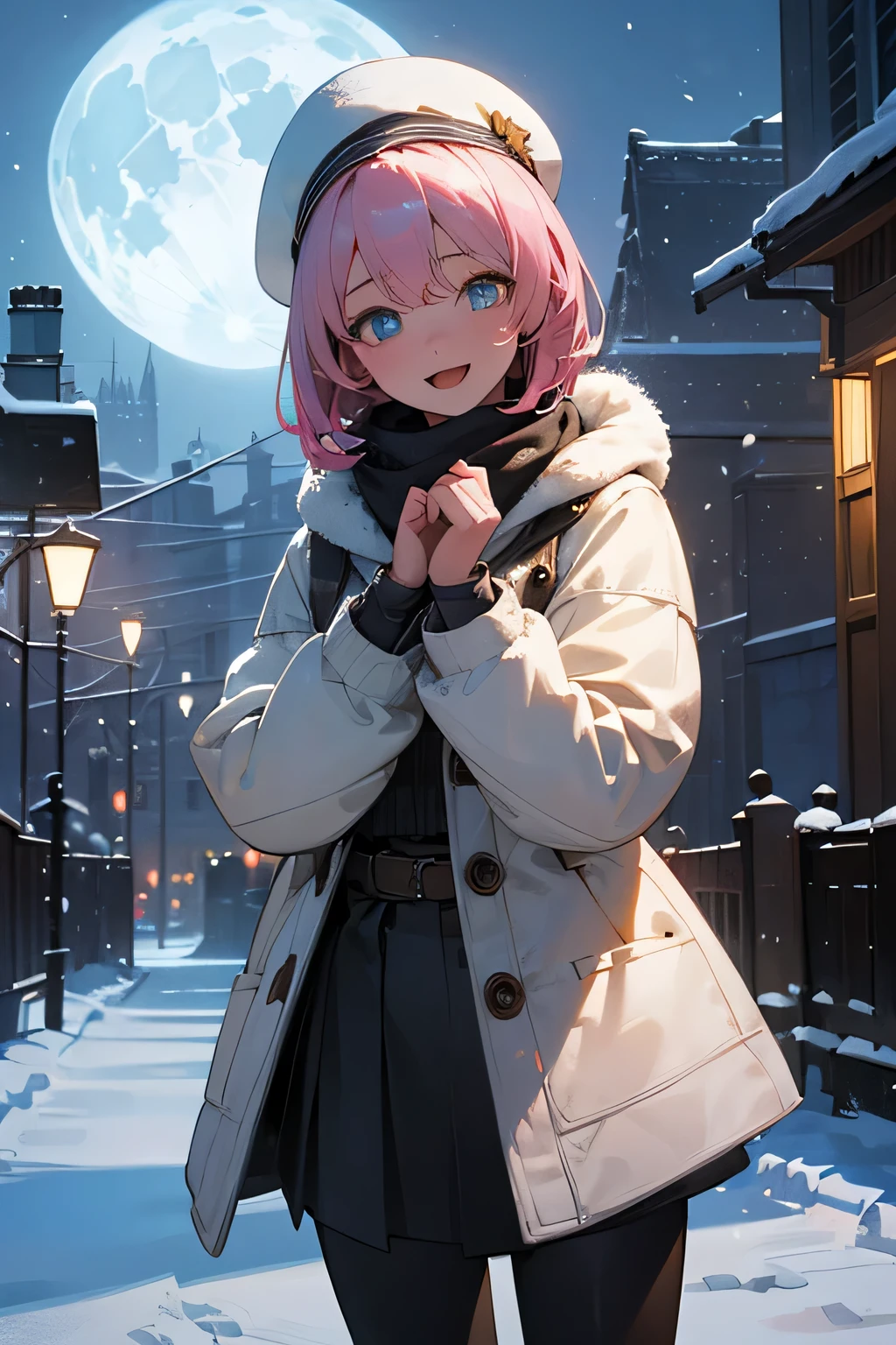 masterpiece, highest quality, super detailed, High resolution, (realistic, photo-realistic:1.37), excellent anatomy, 1 beautiful woman, short hair, bangs, blue eyes, hair between eyes, pink hair, happy smile, smile, open your mouth, knit hat, Yellow coat, white scarf, white sweater, He wears fluffy gloves on both hands., long skirt, black tights, it's snowing, It's snowing, winter, cold sky, moonlight, full moon, night, looking at the viewer, ((cowboy shot:1.2)), outdoor, city, building street, unity 8k wallpaper, (shape:0.8), (fine and beautiful eyes:1.6), very detailed face, perfect lighting, Very detailed CG, best light, best shadow, Mysterious, perfect face, very detailed,
