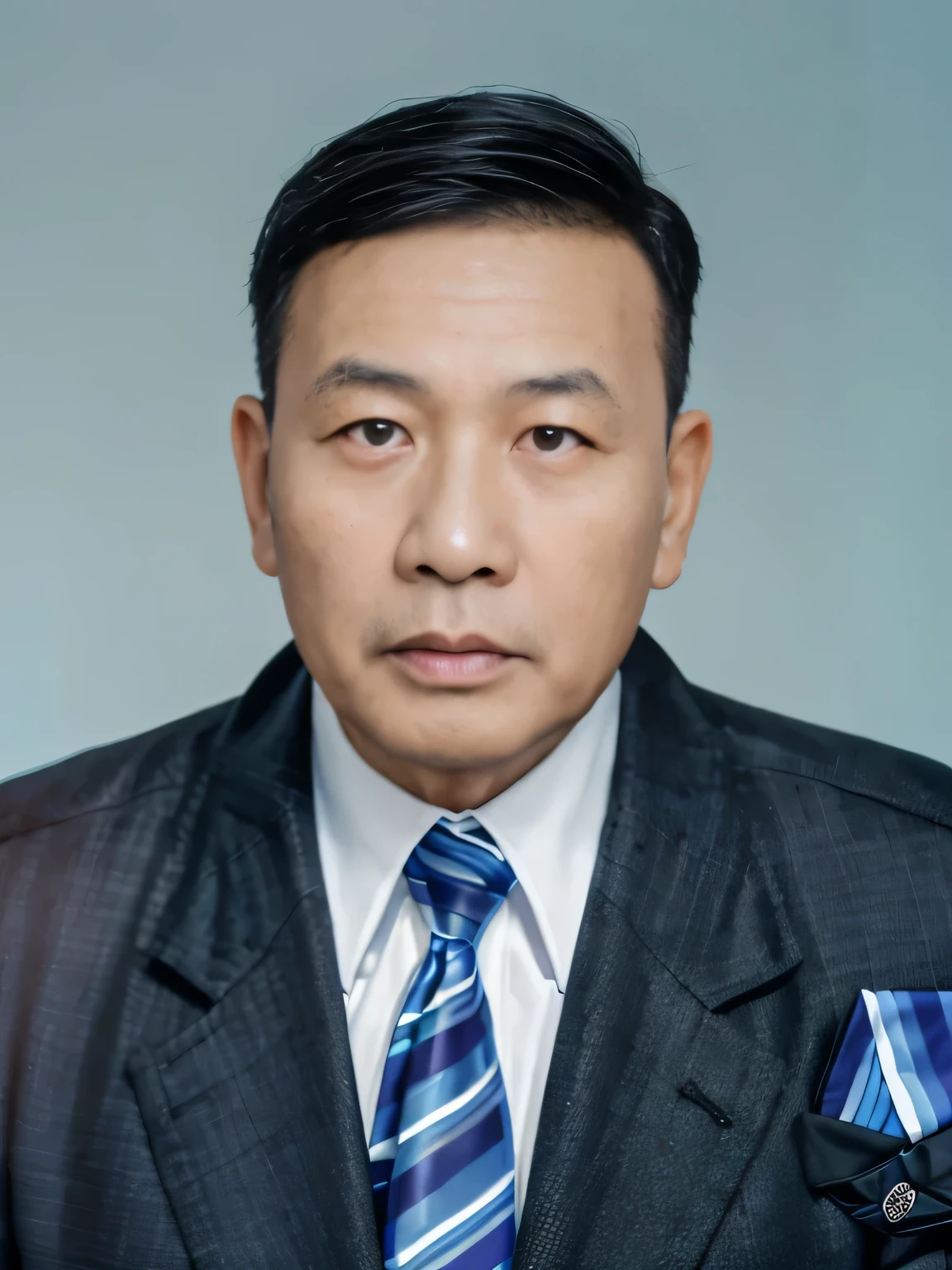 Highly realistic photo, ((masterpiece), (best quality), (raw photo), (photorealistic:1.4), Portrait of Vietnamese old man, 60 years old, ((black hair)), ((wearing a dark suit)), ((light blue background)), photo taken by Sony A7IV
