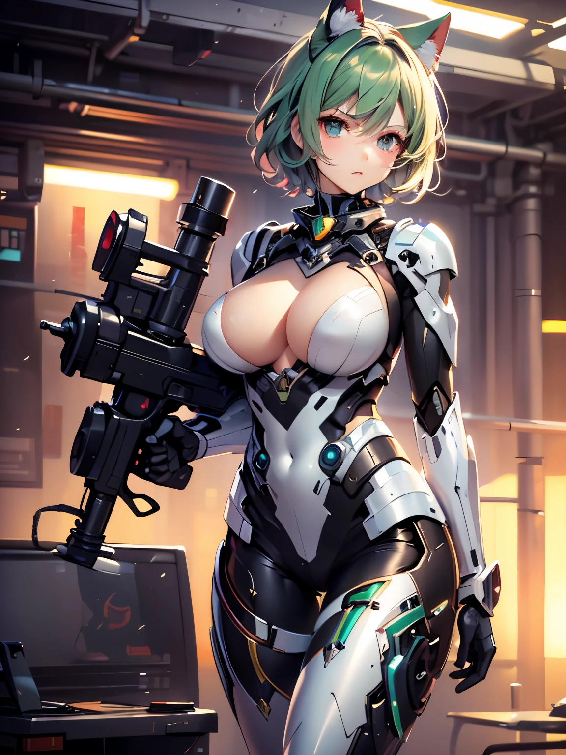 highest quality,wonderful,masterpiece,delicate,ultra high resolution,Super detailed,intricate details,beautiful,8K resolution,(Highly detailed CG Unity 8K wallpaper),sharp focus、anime、fiction、one woman、dark green hair girl 、Metallic colored hair、short hair、Cat ear、big breasts、vivid hair、shaggy hair、messy hair、vivid skin、Glossy skin、  face、lolita、short、cute、beautiful eyes、serious expression、serious、cool、angry look、Mecha girl、laser gun、thighs