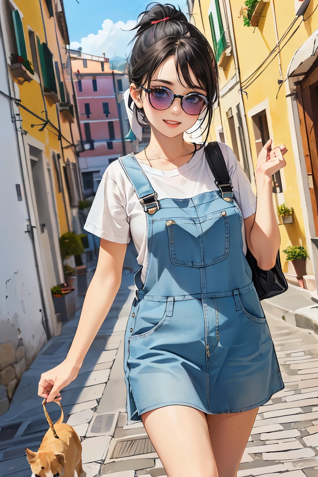 ((Wide angle shot)) Beautiful female tourist, black hair in a ponytail, bangs, wearing large glasses, smiling at the corners of the mouth, ((wearing a pastel-colored t-shirt and large mini-skirt overallorning light, Cinque Terre Italy