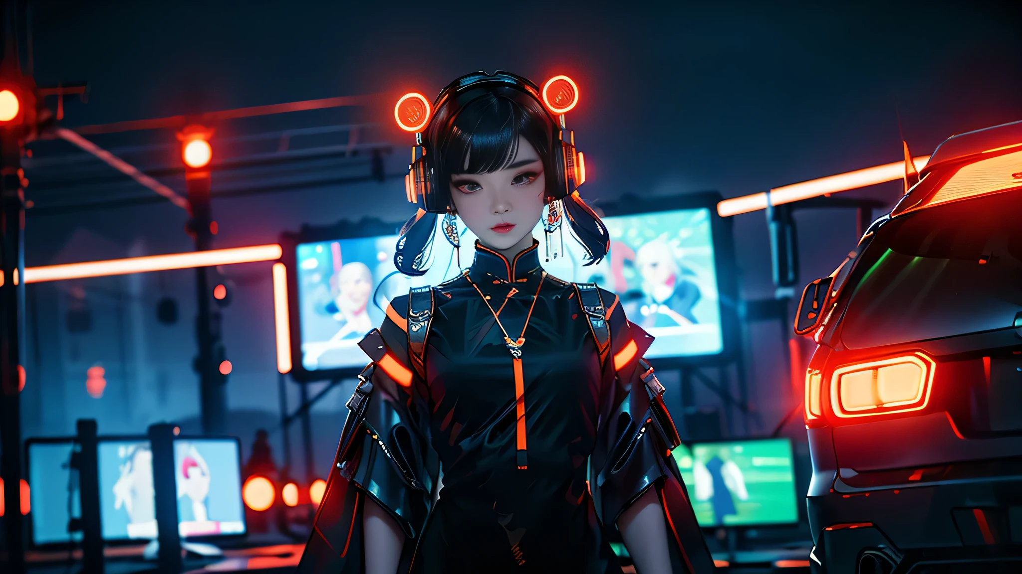 1 girl, Chinese_textile, black and orange, Cyberhan, If i want, cyberpunk city, dynamic pose, Glowing headphones, Luminous hair accessories, long hair, Glowing earrings, Luminous necklace, long straight hair fluttering in disarray, silver hair, cyberpunk, High-tech city, full of mechanical and futuristic elements, futurism, technologies, glowing neon, orange, orange light, laser, Digital city sky background, big moon, with a vehicle, Best quality, masterpiece, 8 thousand., character side light, super very detailed, high quality, the most beautiful woman among people, background of many advertising light boxes