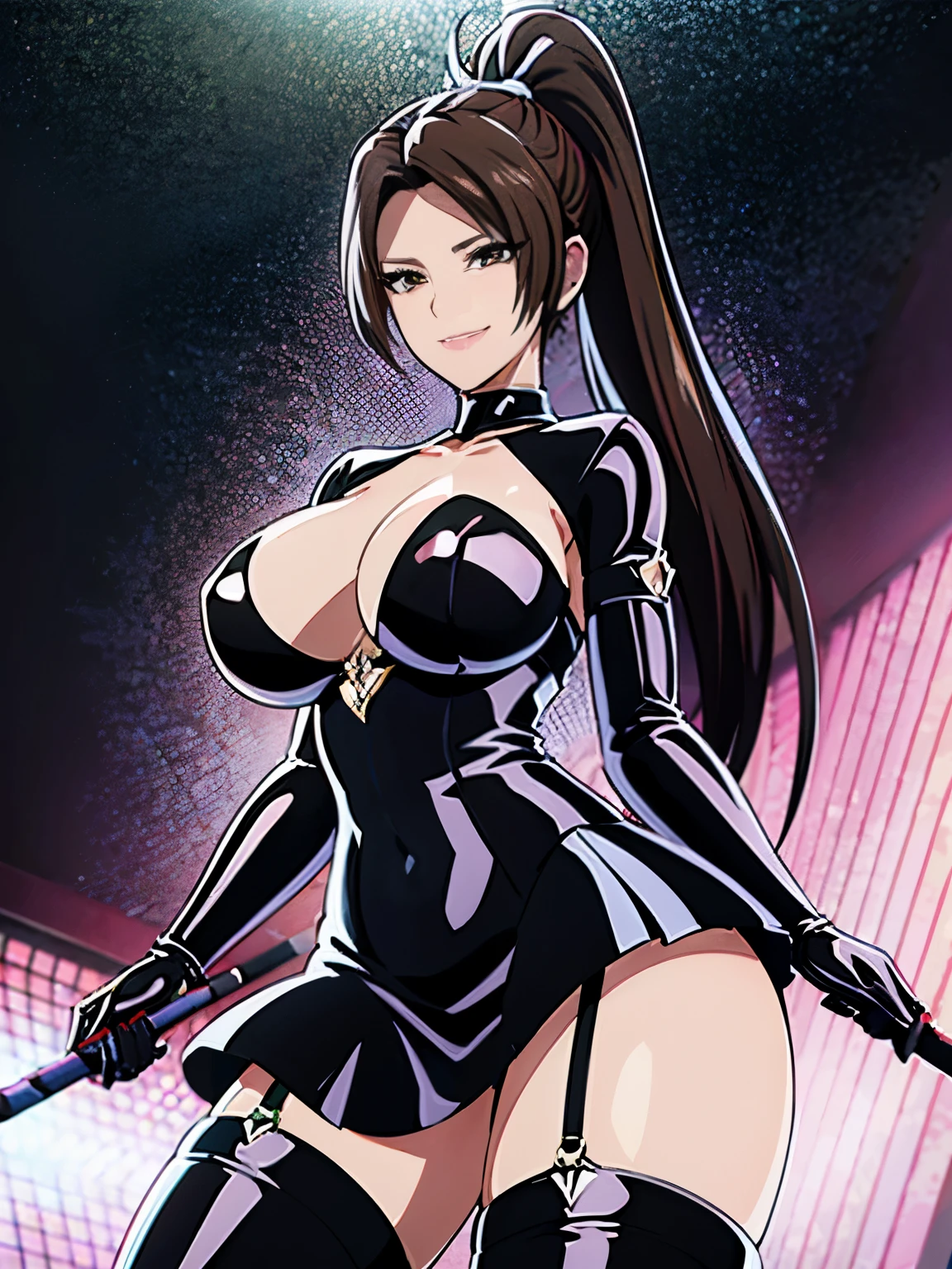 女性1 person、super detailed photos, Full body photo image、(((black shiny latex bondage suit)))、(from below:1.3)、 brown hair, brown eyes, long and high ponytail, hair band, 1 person、25 years old, japanese mature, beautiful fingers, beautiful long legs, beautiful body, beautiful nose, beautiful character design, perfect eyes, perfect face, jewelry, See-through, looking at the viewer, hair ornaments, choker, shy, (smug:1.6)、king of fighters,(((Has a black super long whip:1.5)))、
(table top, highest qualityの, highest quality, beautiful and aesthetic: 1.2), very detailed, more detailed,proper body proportions,table top,Ultra high quality output image,High resolution,intricate details,very delicate and beautiful hair,realistic pictures,dream-like,professional lighting,realistic shadow,focus only,sexy pose,
(big breasts:1.2,) , floating skirt,
Stiletto knee high long boots、anime one、from below、(((depiction of prison)))、(((close your mouth)))