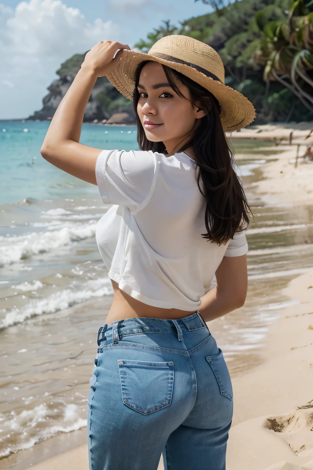 photograph, photo of beautiful woman, shoot from behind, big tits, black hair, selfie, solo, wearing pullover, outdoors, (morning), Okinawa beach, real life nature, sun, cheerful, happy, white t-shirt, jeans, straw hat, beach, rocks, sand, wave, roads, open arms, skin texture, photo grain, close up, RAW photo