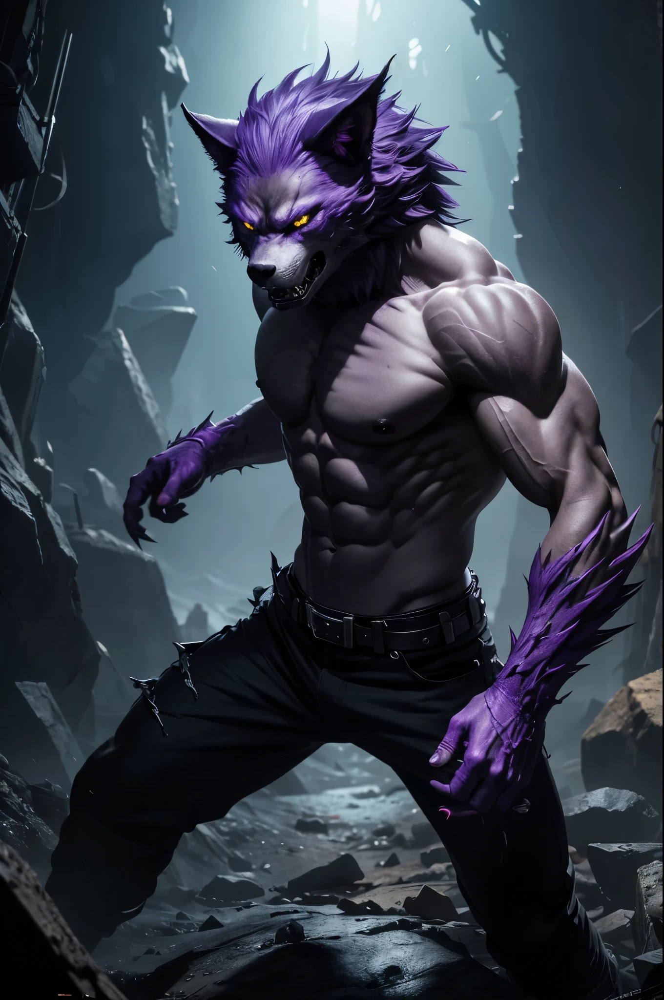 8K,Wrathful Werewolf of the Underworld,attack with sharp claws,purple eyes,Violent and strongly cracked abdominal muscles,sharp wolf fangs,gray and purple hair,black combat pants,masterpiece,Photorealistic RAW photos of the highest quality。bright colors,rich colors, Backlight, cinematic lighting, film grain, to be born, 50MM lens, Nikon D850,super realistic skin,fantasy art,character art,ultra high resolution,realistic scale skin,Perfect hand shape,dark underworld wasteland,fighting pose,dynamic action pose,