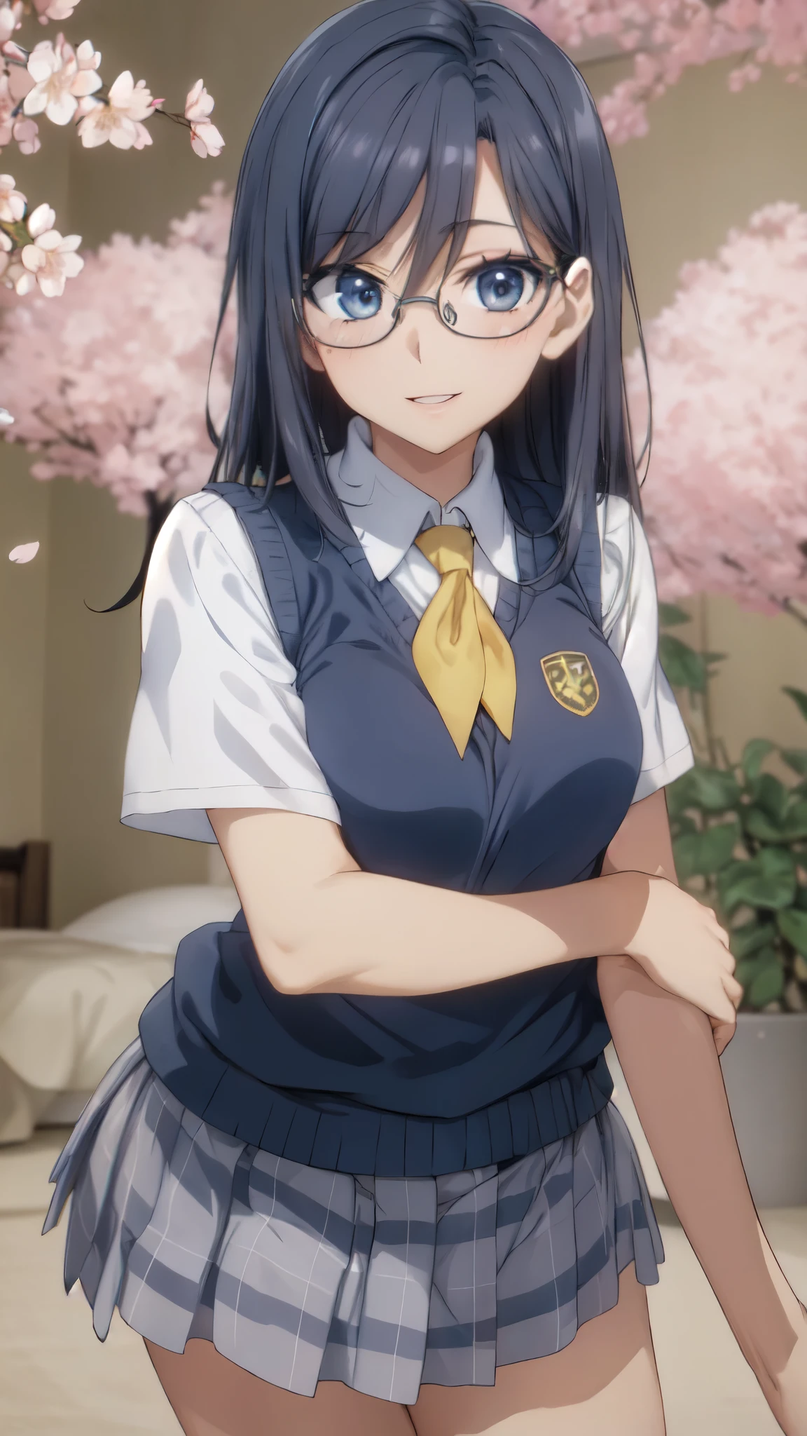 (masterpiece, highest quality, High resolution), morning, spring,semi-long, black hair, blue eyes, Glasses, ,bright yellow neckerchief, (vivid color,bright light),(26 years old:1.3),collared shirt, sweater vest,large breasts,(Blue Vest:1.2), short sleeve, armband, plaid skirt, gray skirt, (outdoor,Cherry blossom tree in full bloom), Are standing, smile, open your mouth a little, 