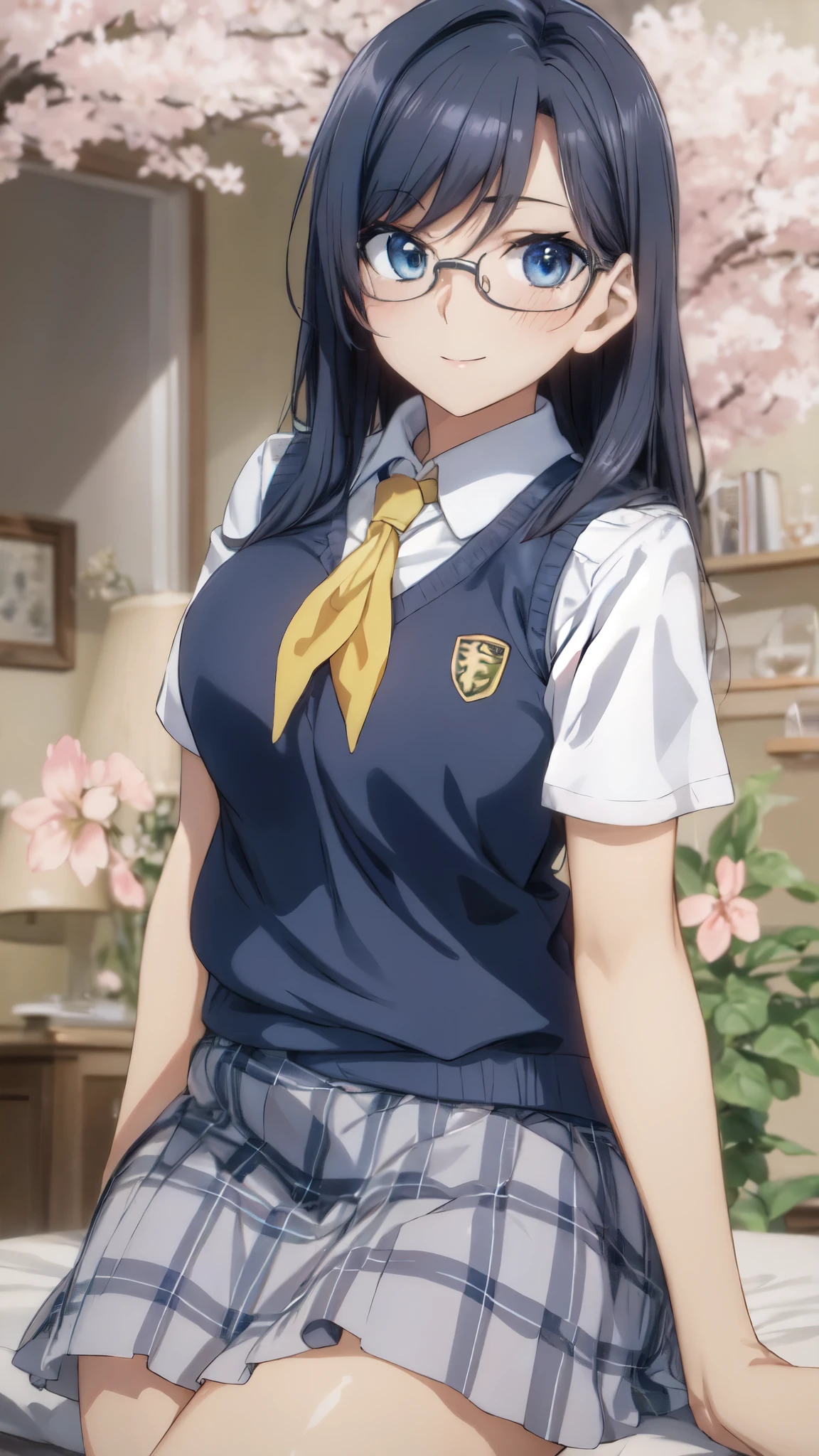 (masterpiece, highest quality, High resolution), morning, spring,semi-long, black hair, blue eyes, Glasses, ,bright yellow neckerchief, (vivid color,bright light),(26 years old:1.3),collared shirt, sweater vest,large breasts,(Blue Vest:1.2), short sleeve, armband, plaid skirt, gray skirt, (outdoor,Cherry blossom tree in full bloom), Are standing, smile, open your mouth a little, 