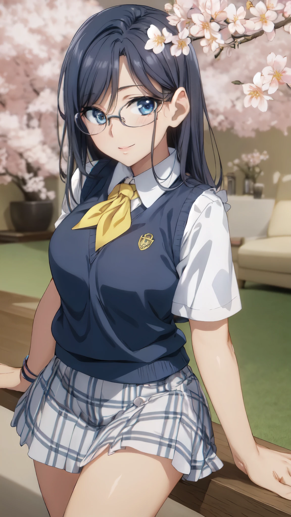 (masterpiece, highest quality, High resolution), morning, spring,semi-long, black hair, blue eyes, Glasses, ,bright yellow neckerchief, (vivid color,bright light),(26 years old:1.3),collared shirt, sweater vest,large breasts,(Blue Vest:1.2), short sleeve, armband, plaid skirt, gray skirt, (outdoor,Cherry blossom tree in full bloom), Are standing, smile, open your mouth a little, 