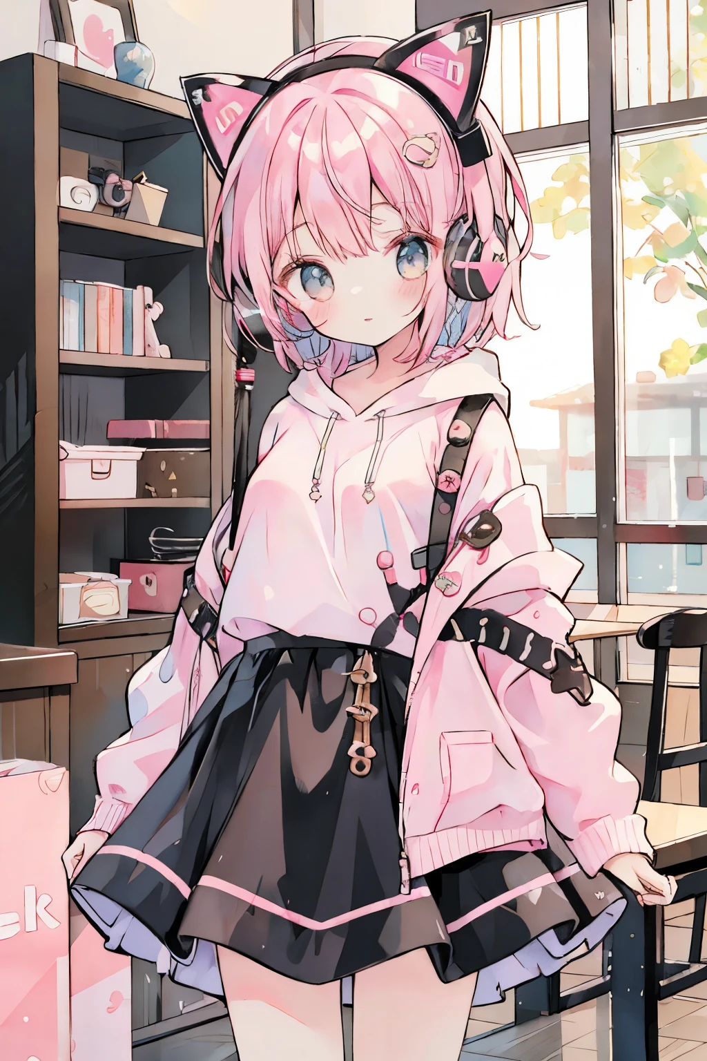 High resolution, (anime style:1.1), ((table top)), ((highest quality)), (Super detailed),Very beautiful and shining eyes、shining eyes、1 girl、small breasts、big mouth、small breasts、Cat ear、Transparent pink short hair、first round、skirt、7  girl、childish clothes,(((headphones))),hoodie