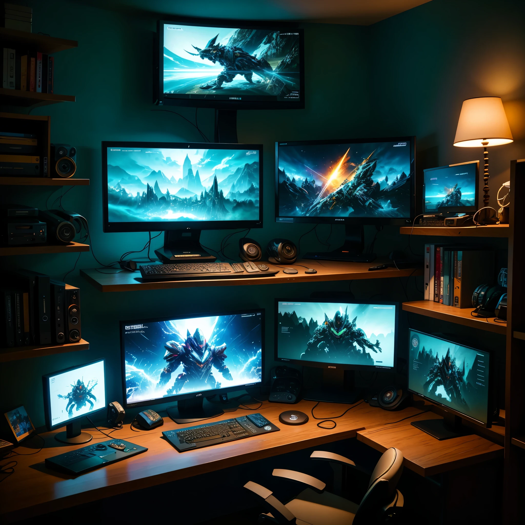 A modern and trendy home office setup for a gamer streamer, filled with high-tech equipment: a sleek gaming computer with multiple screens, a high-quality microphone, a state-of-the-art headset, and a console for gameplay. In the background, there is a large window with natural light streaming in, creating a cozy and inviting atmosphere. The walls are adorned with posters and memorabilia of popular video games. The streamer is wearing a comfortable t-shirt and shorts, with headphones on and a determined expression on their face. The setup exudes a professional and focused vibe, perfect for both streaming live games and using for everyday computer work on social media.