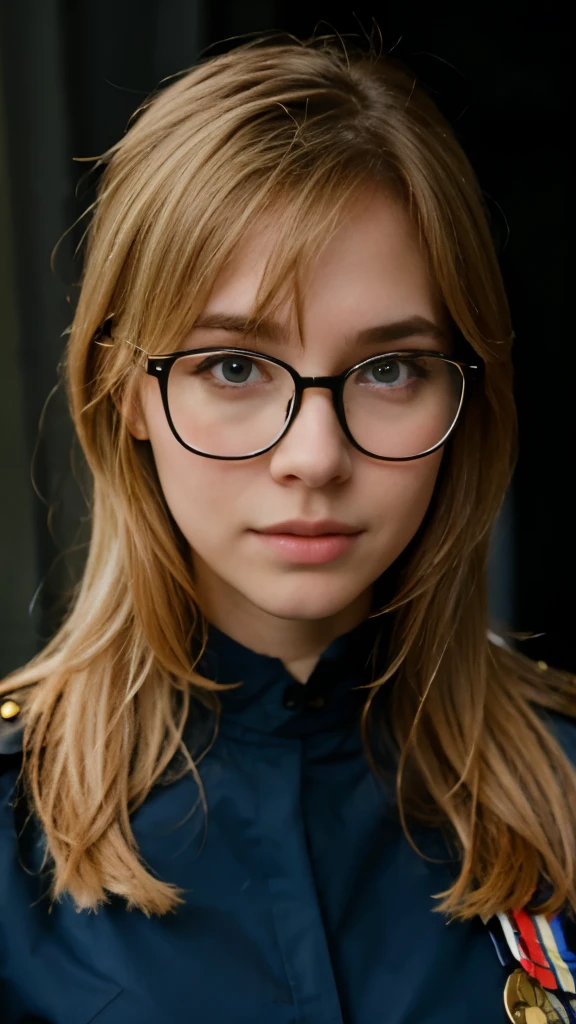 Blonde girl with glasses, in military uniform, nice woman