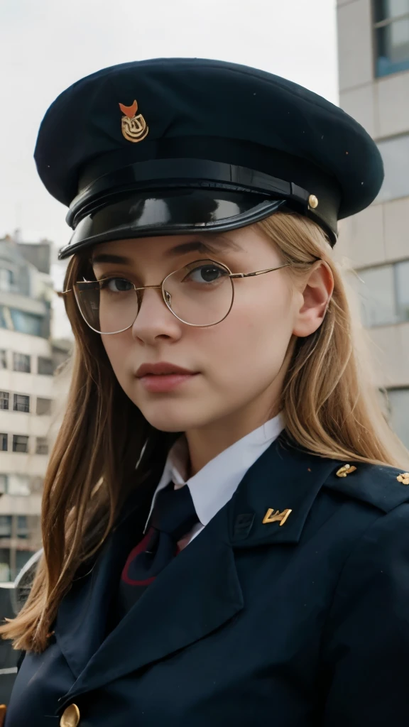 Blonde girl with glasses, in military uniform, nice woman
